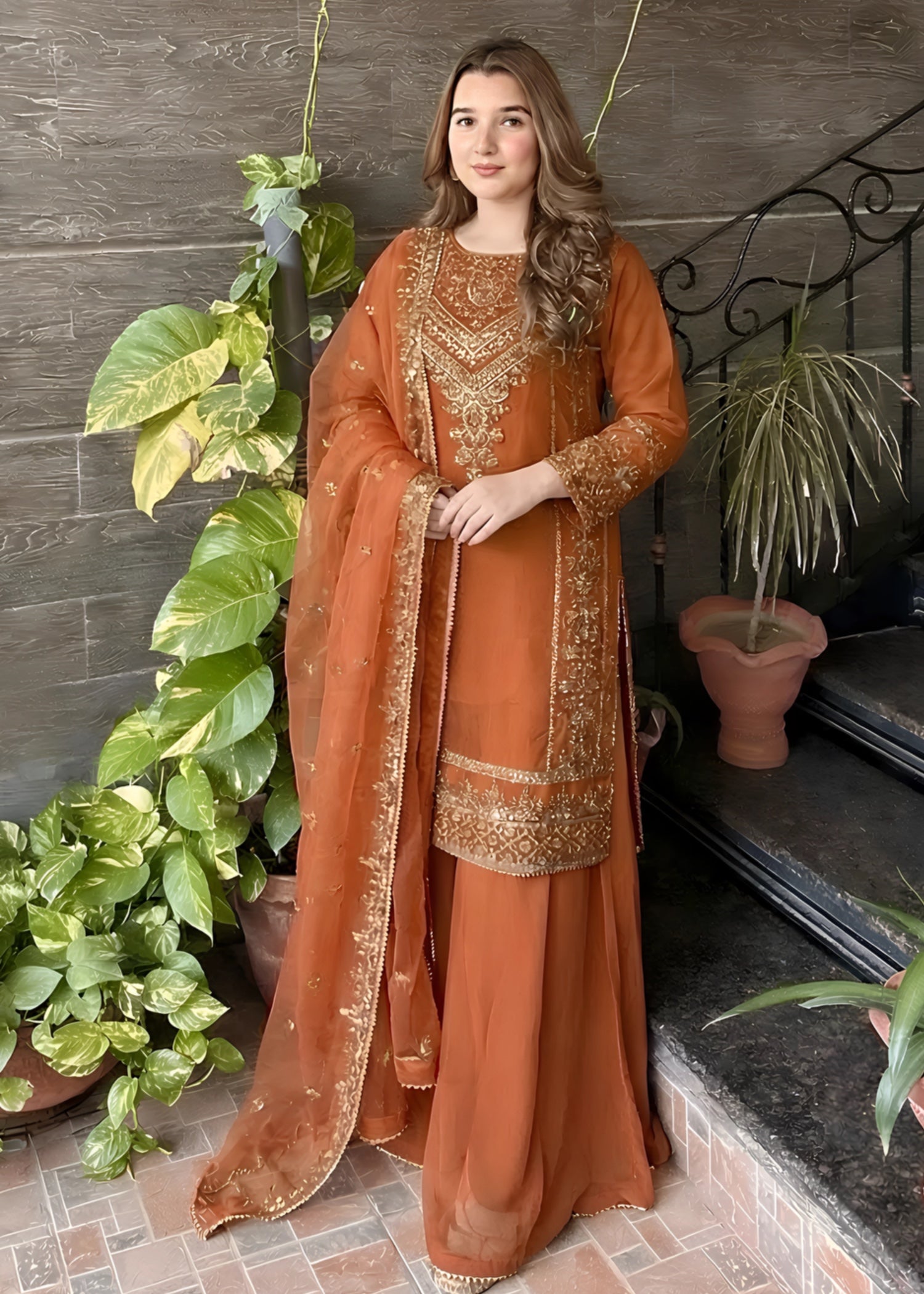 chiffon Sharara in Rust orange