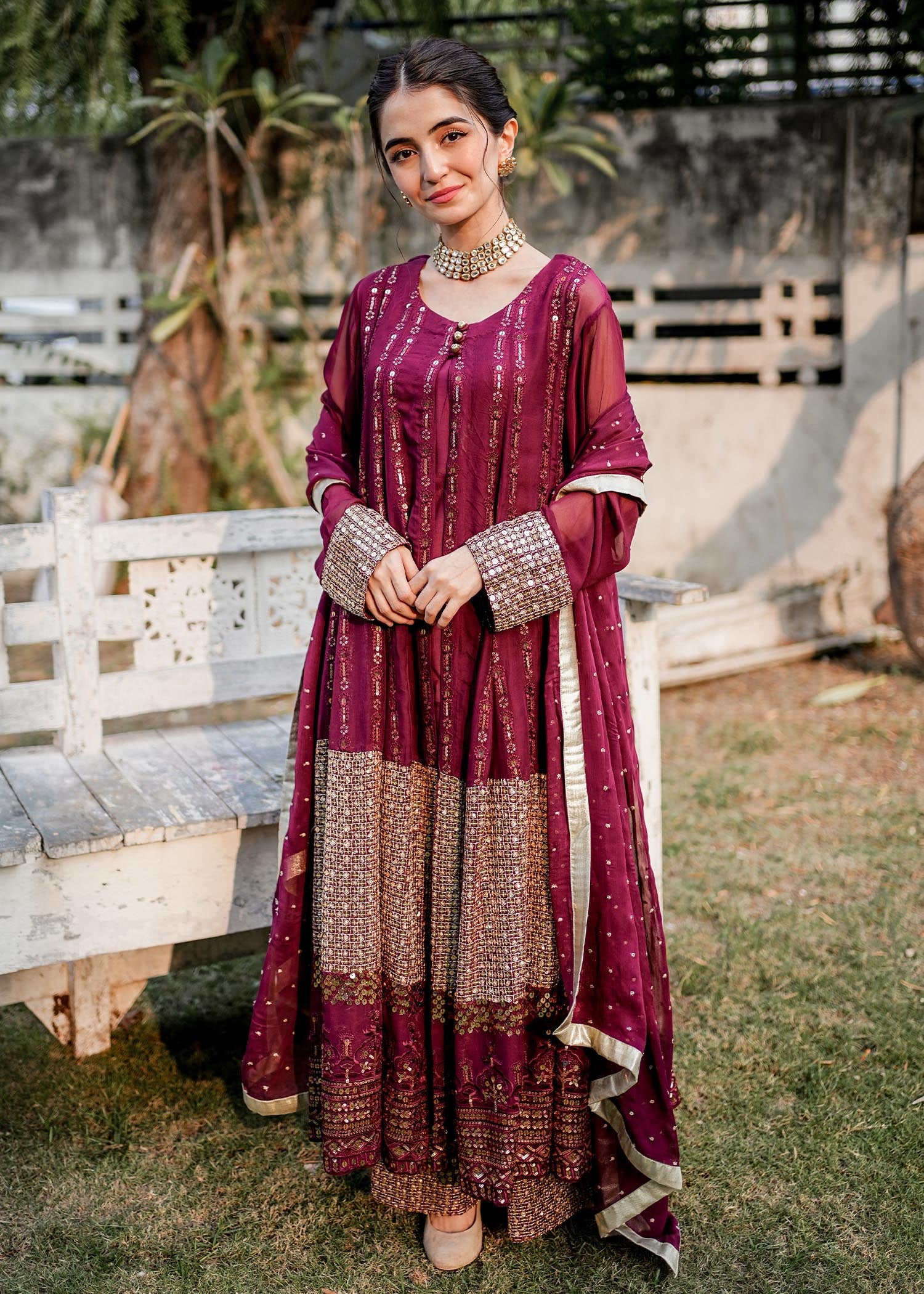 chikankari cotton Gown in Plum