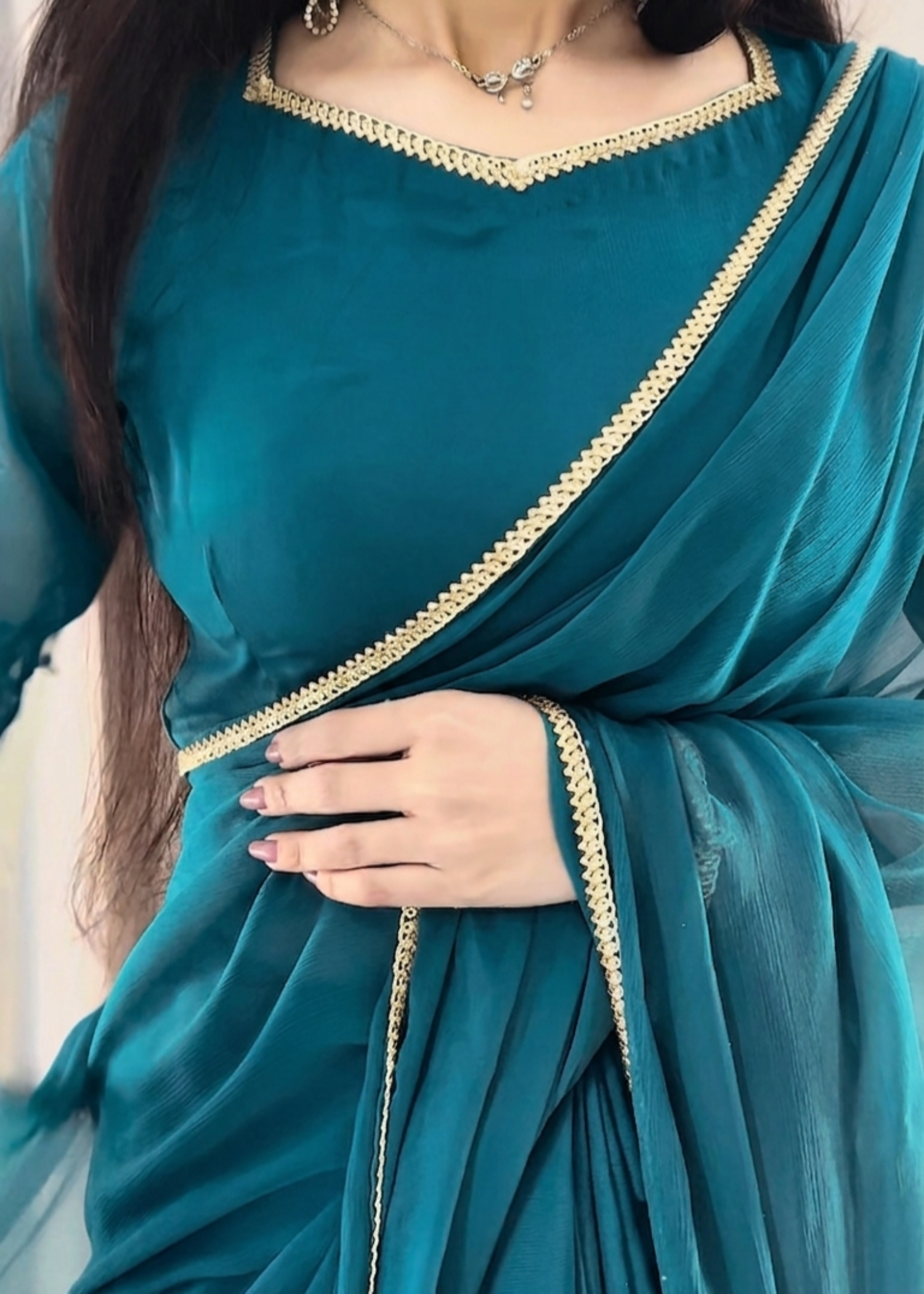 chiffon Saree in Teal