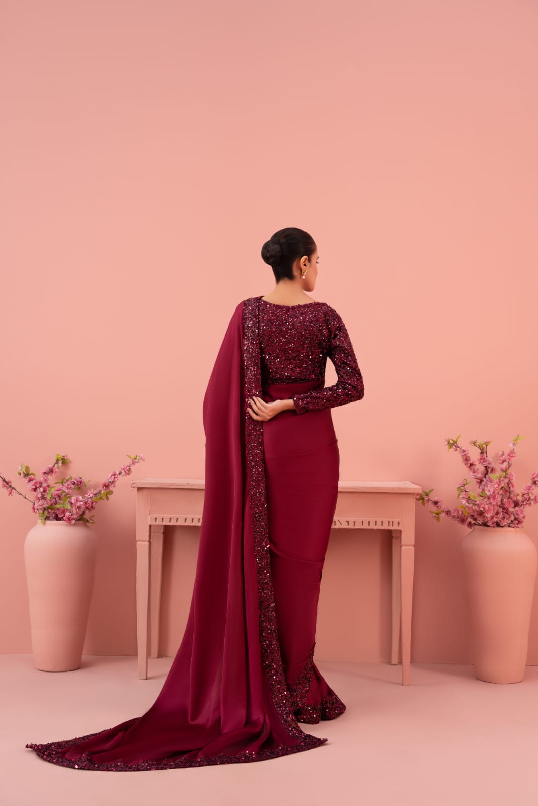 net Saree in Maroon