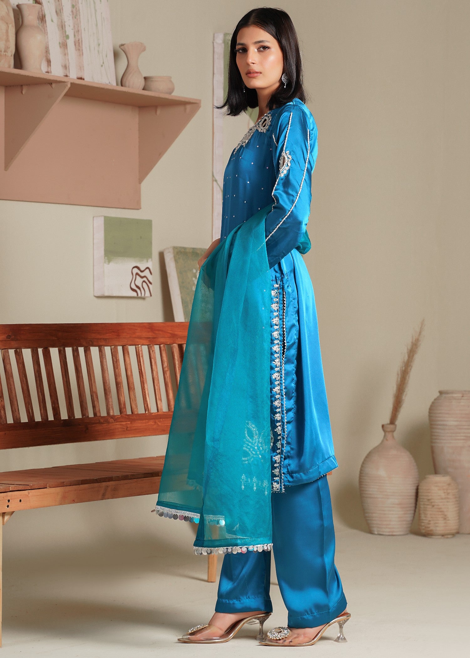 silk Kurta Set in Dodger blue