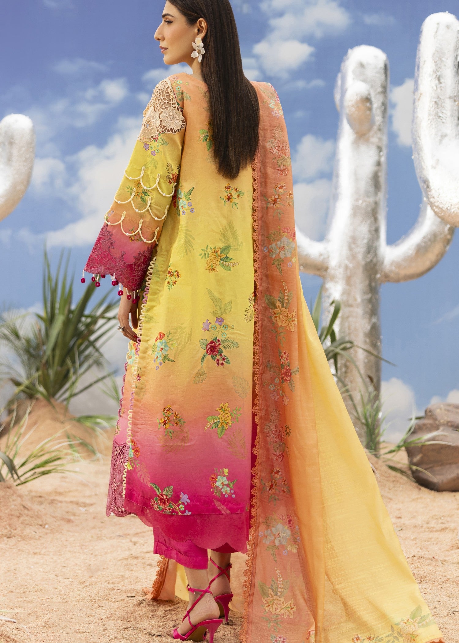 lawn Unstitched in Gold, shocking pink