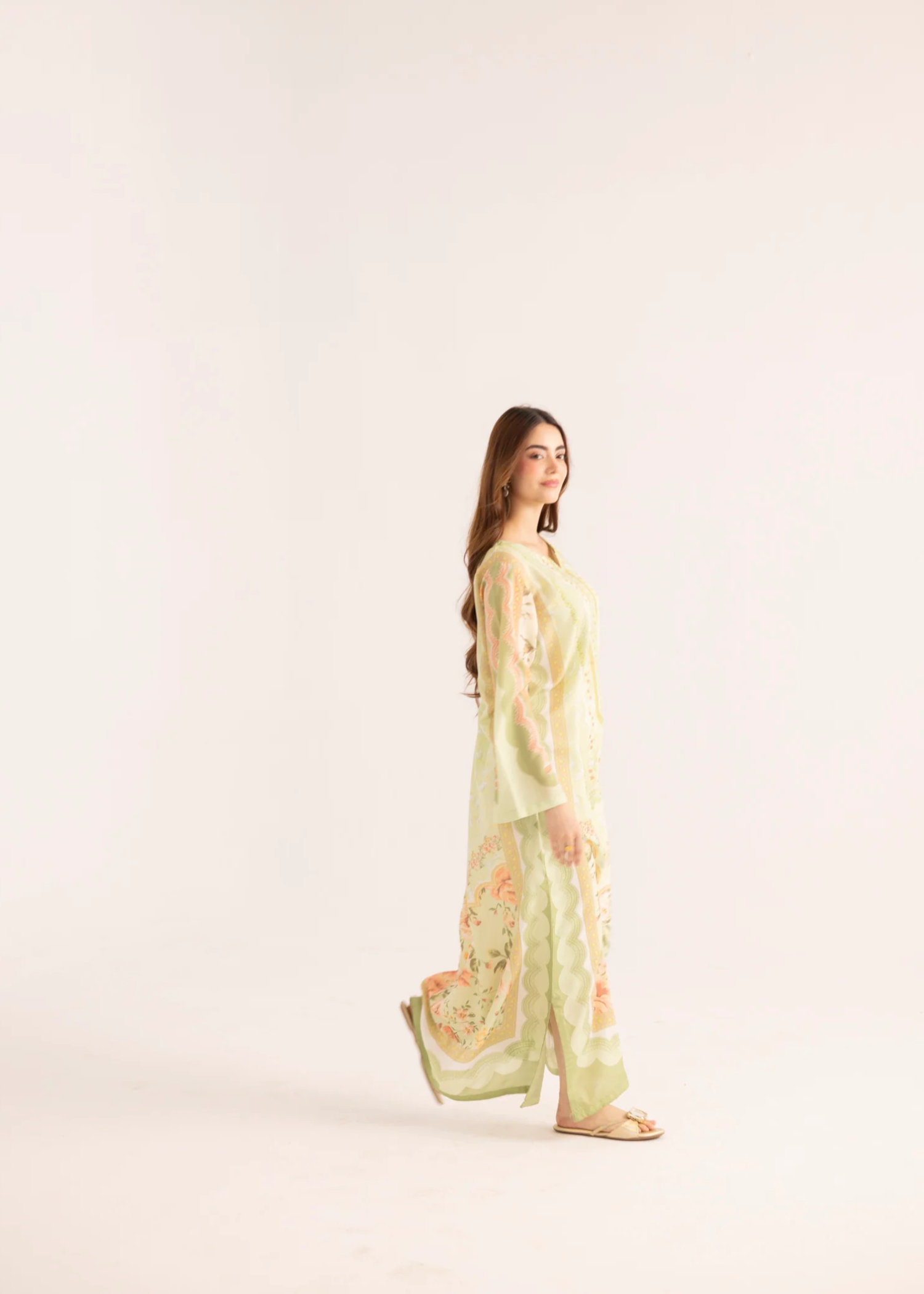 silk finish lawn Kaftan in Acid yellow