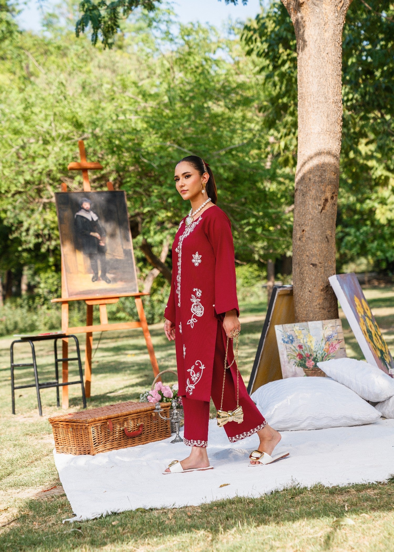 textured lawn Kurta Set in Carmine