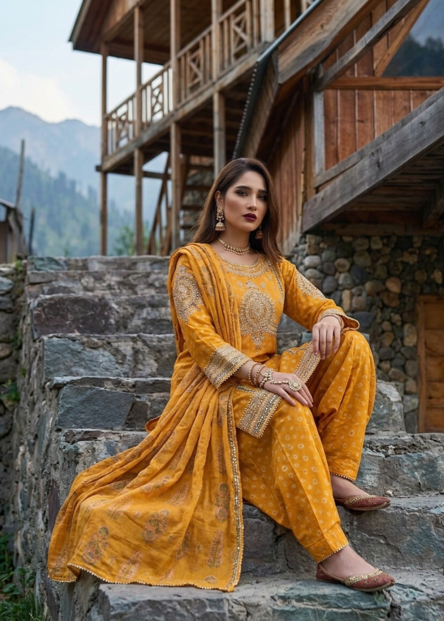 jacquard Kurta Set in Mustard