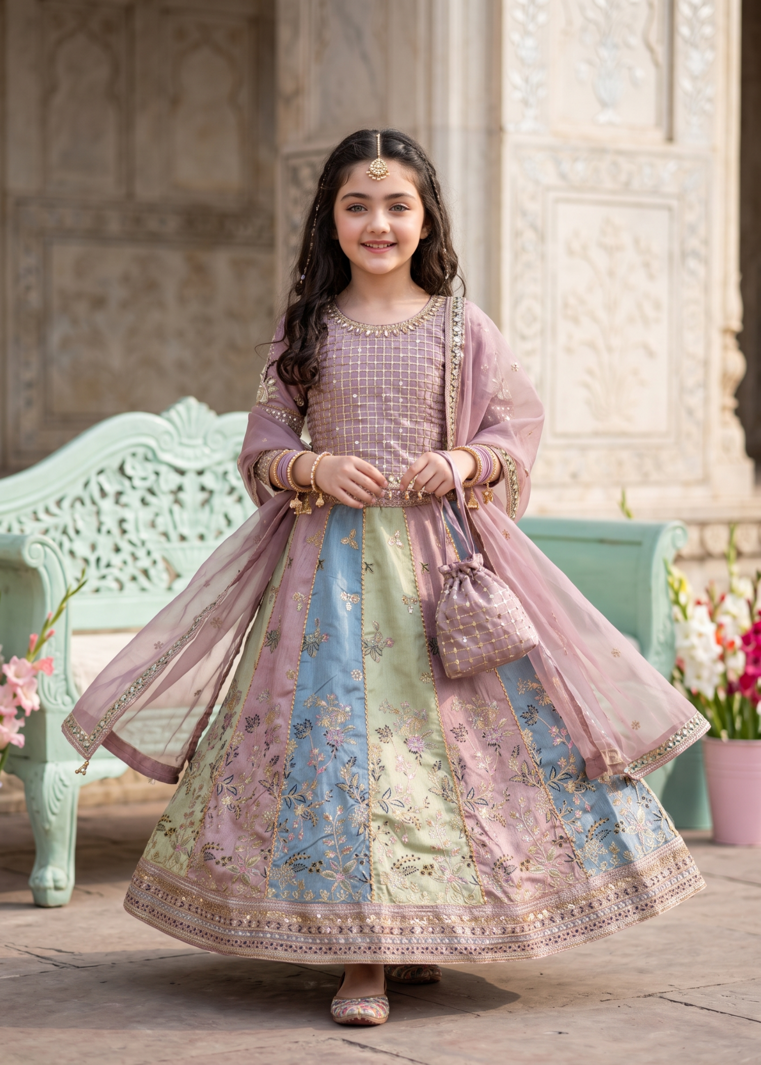 raw silk Lehenga in Mauve pink, multi
