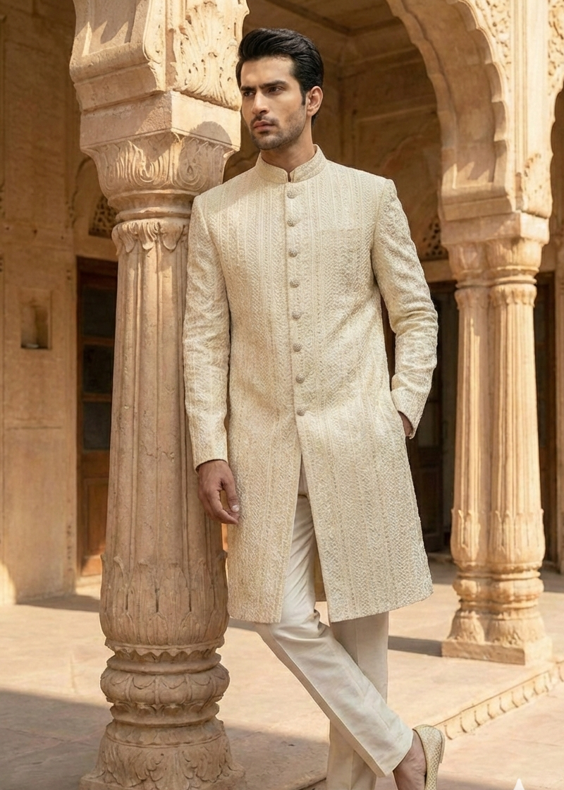 silk Sherwani in White, gold, ivory by Dulha Fashion House
