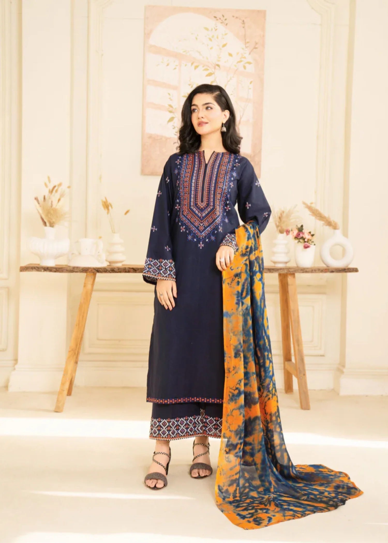 lawn cotton Kurta Set in Navy blue
