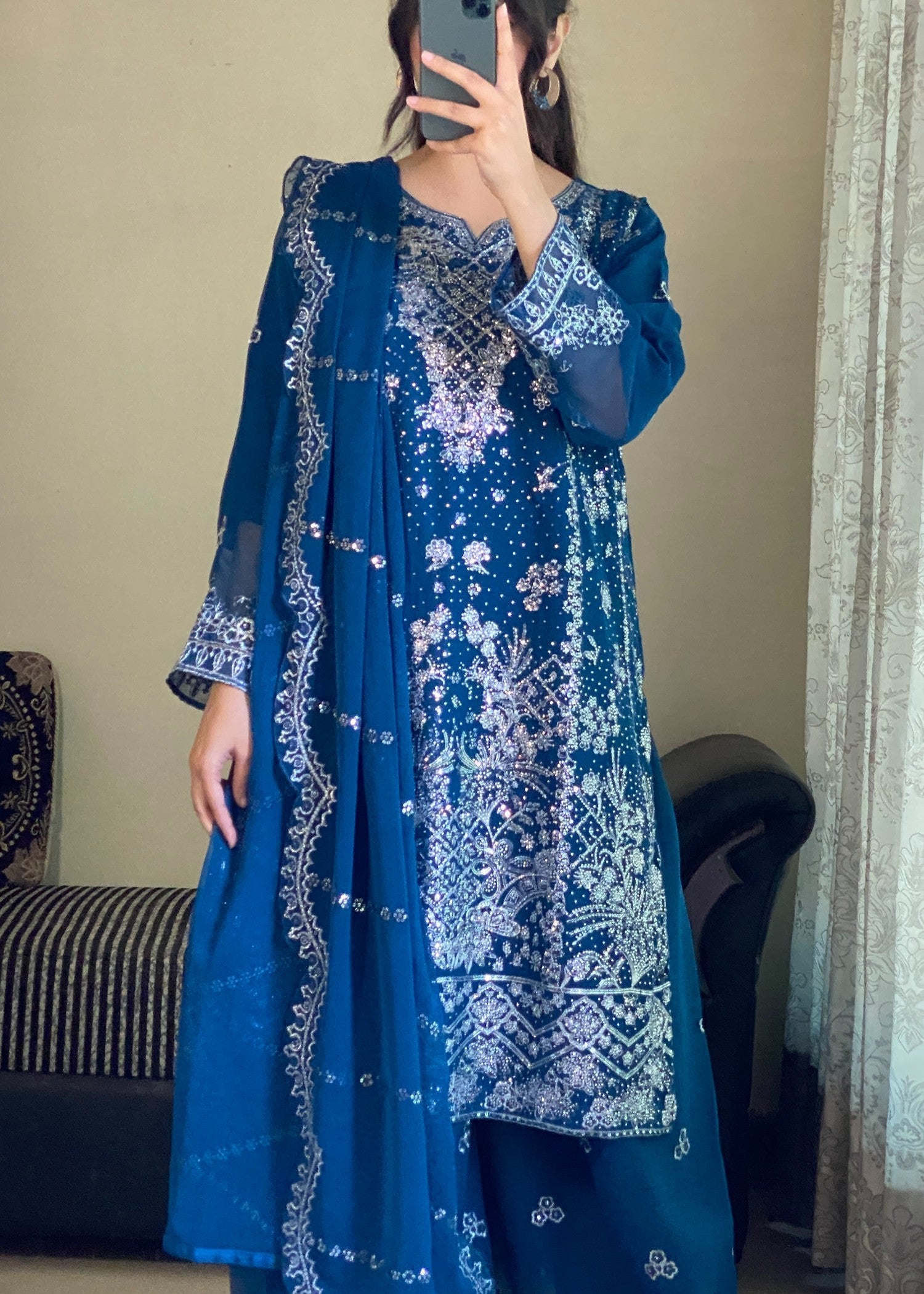 chiffon Kurta Set in Teal, blue