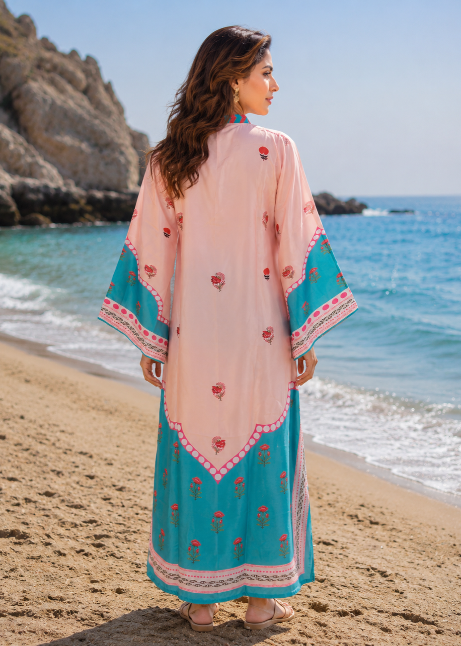 silk charmeuse Kaftan in Baby pink, baby blue