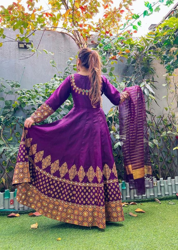 cotton satin Anarkali in Purple