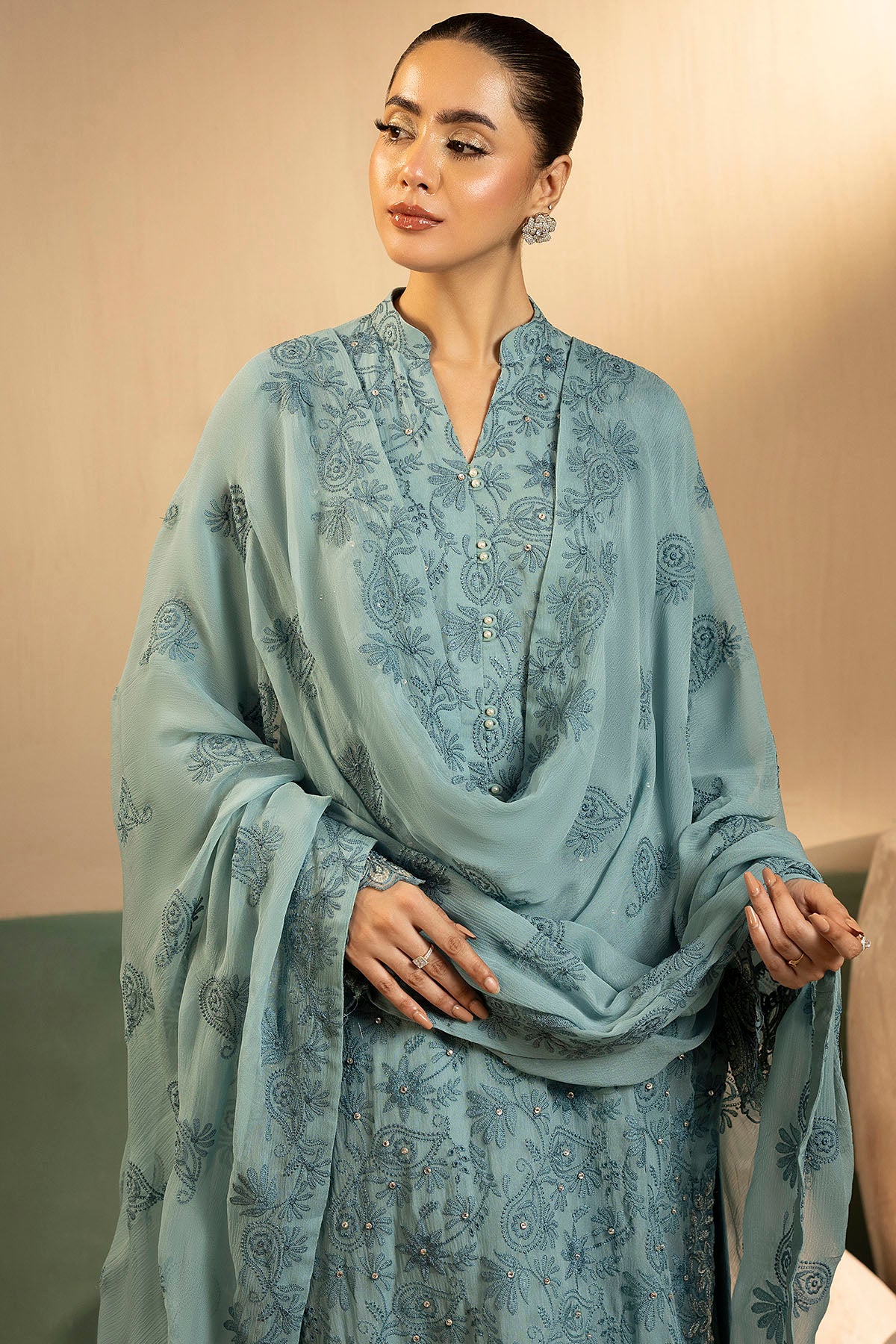 crinkle chiffon Unstitched in Light blue