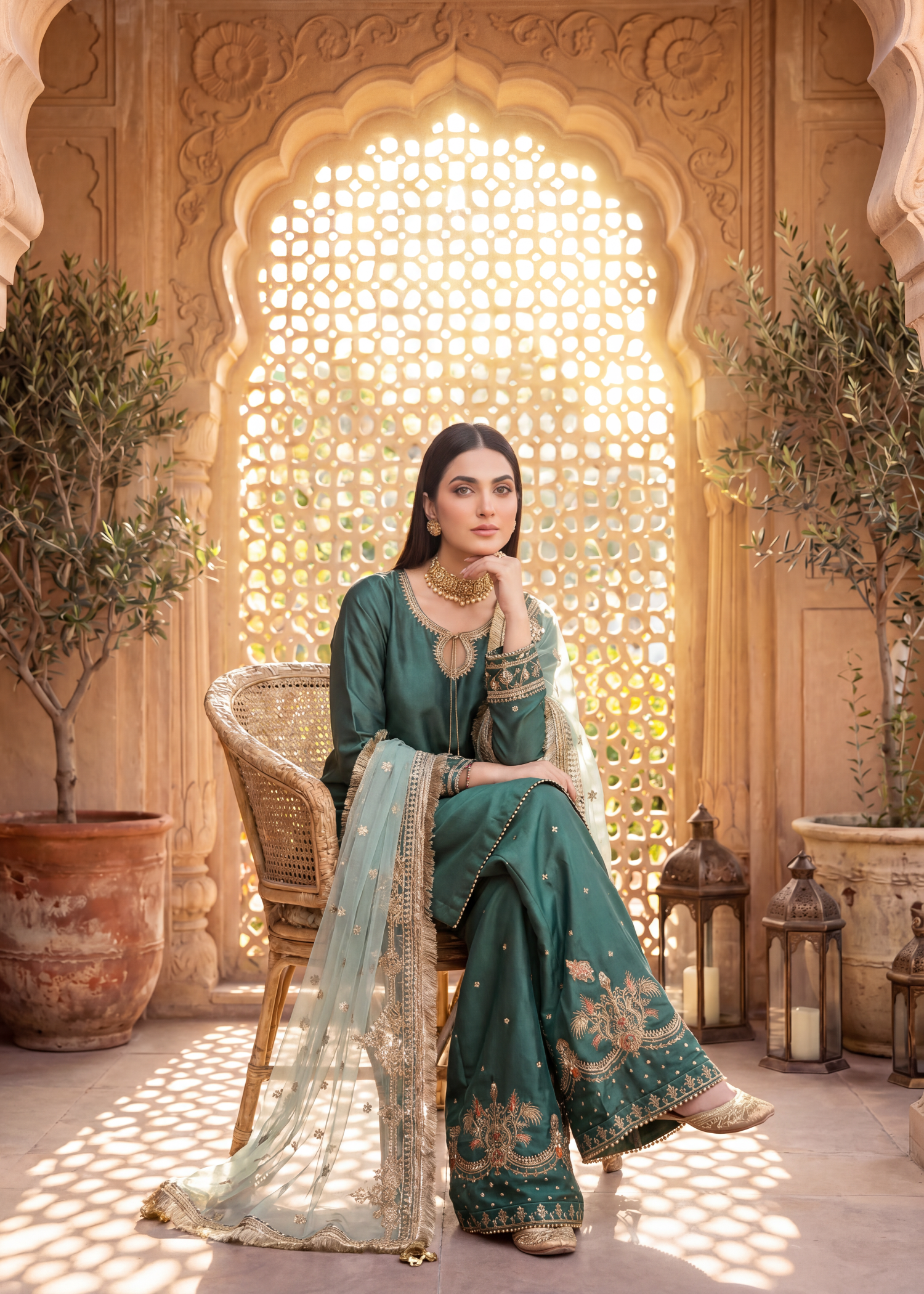 tissue silk Kurta Set in Bottle green