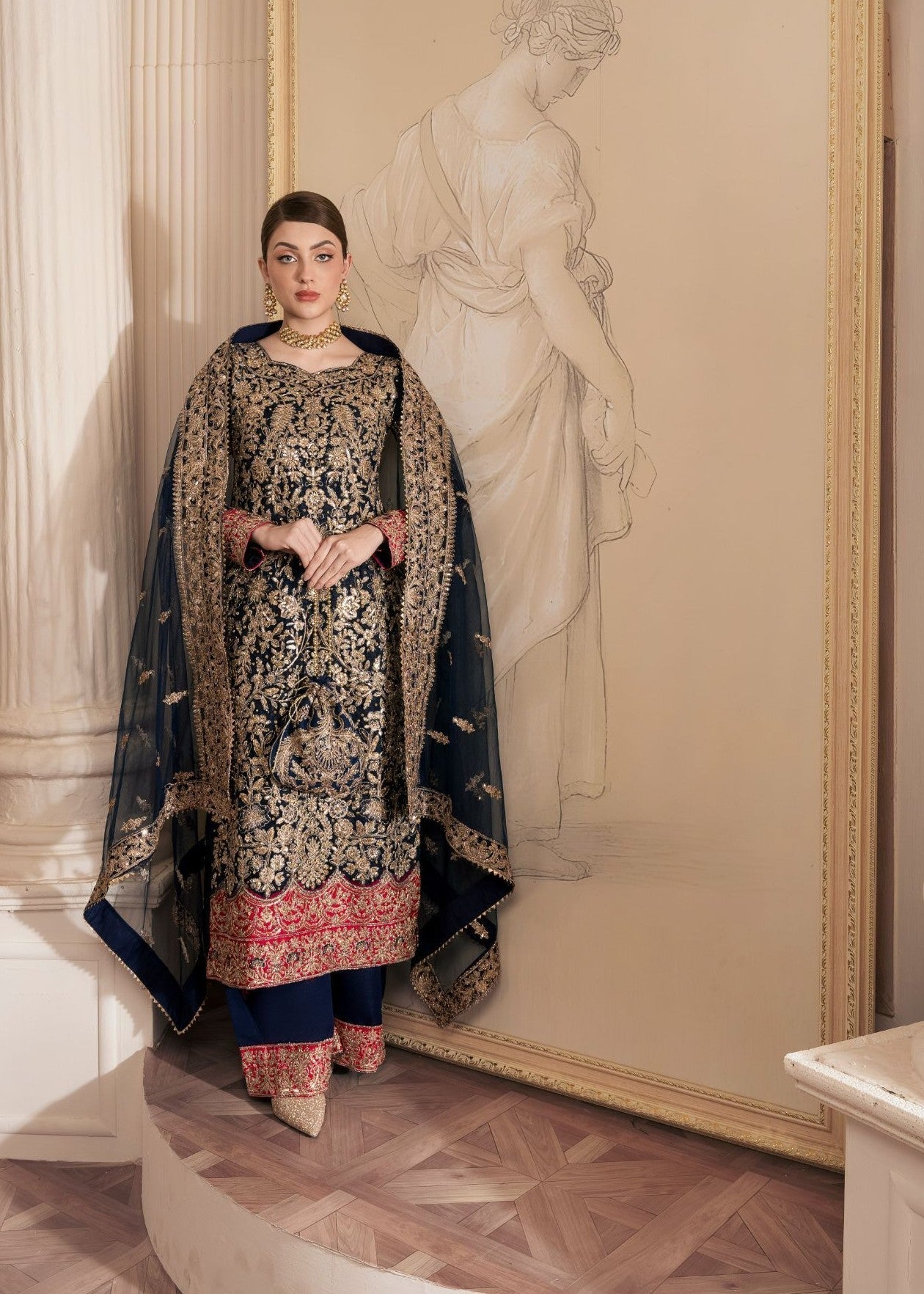 net Kurta Set in Navy blue