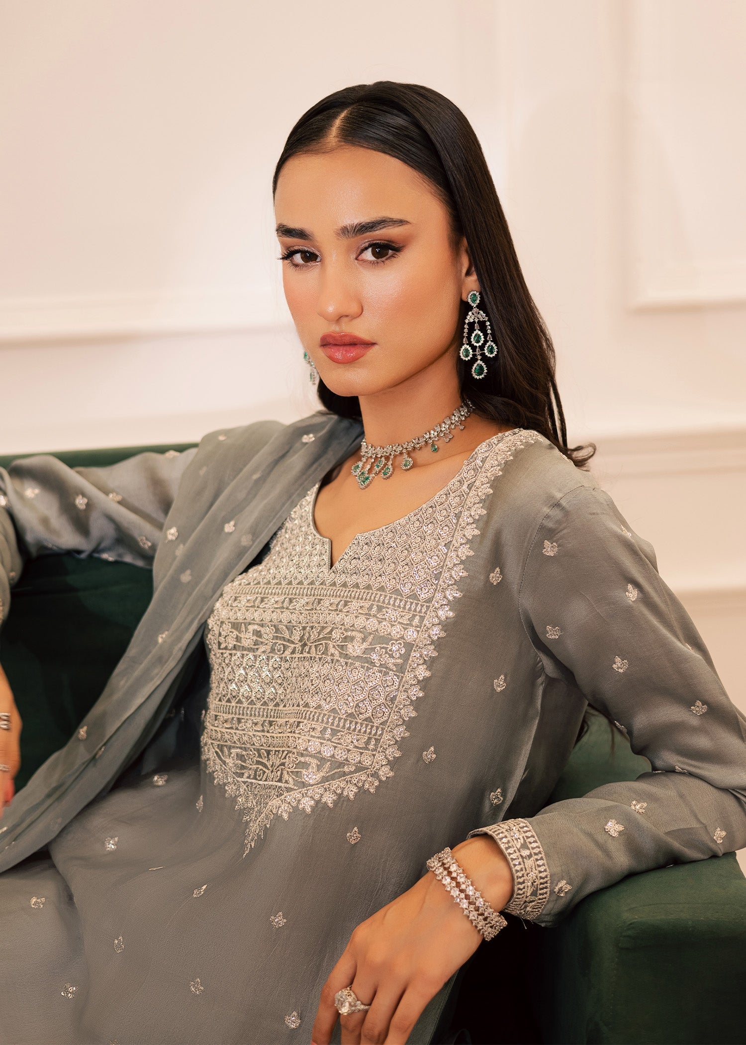 thai silk Kurta Set in Ash grey