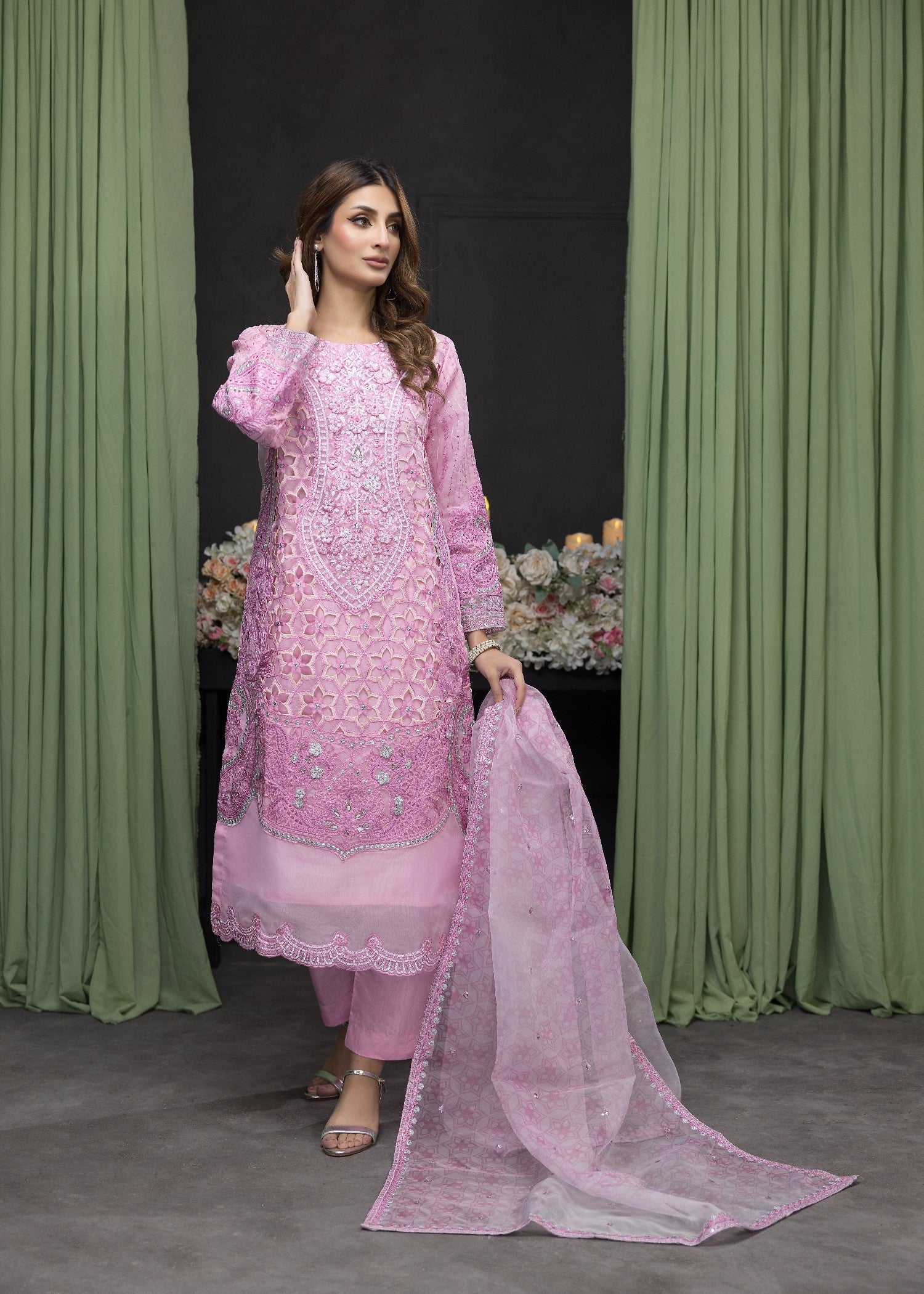 organza Kurta Set in Ultra pink