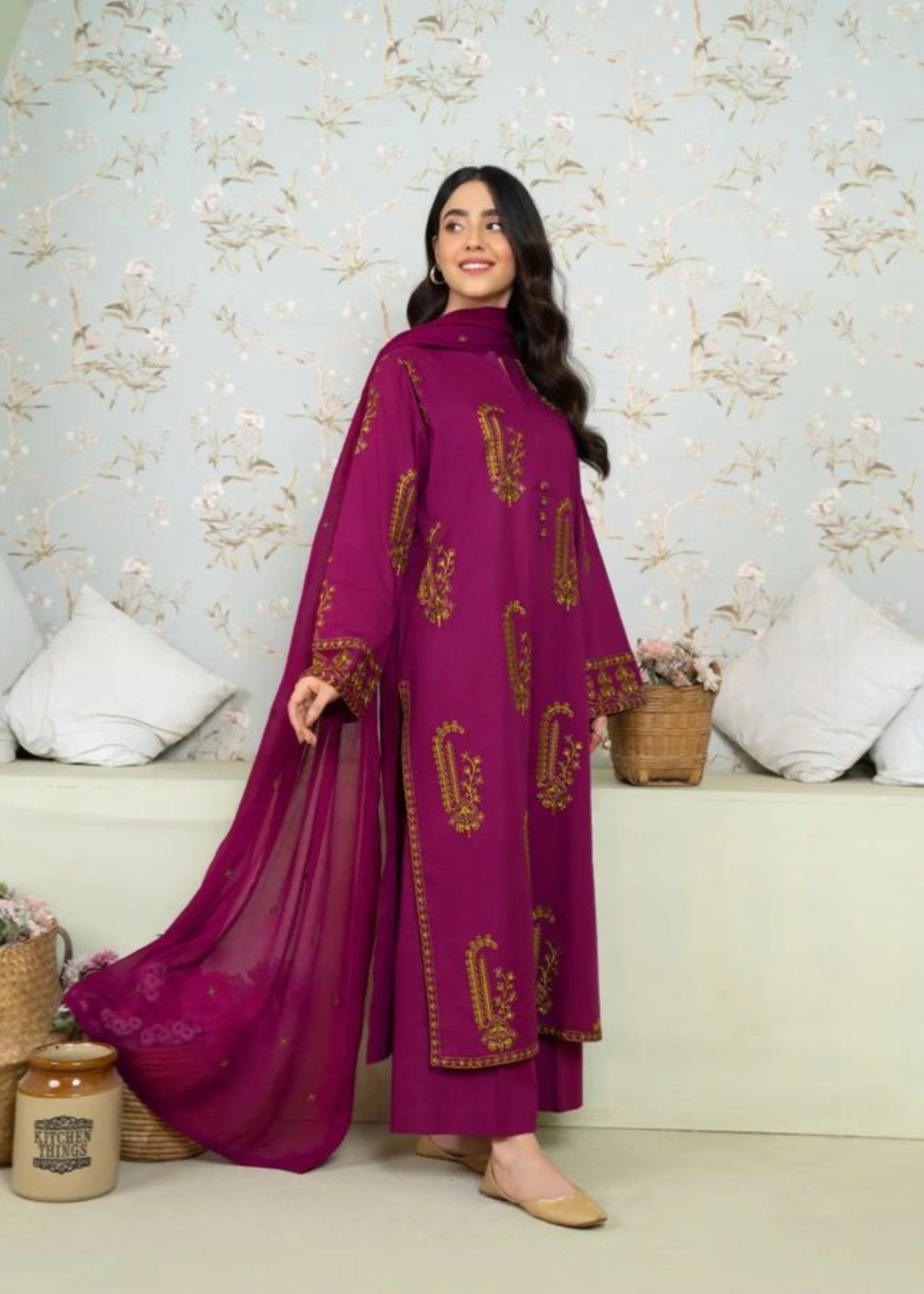 cambric Kurta Set in Fuchsia pink