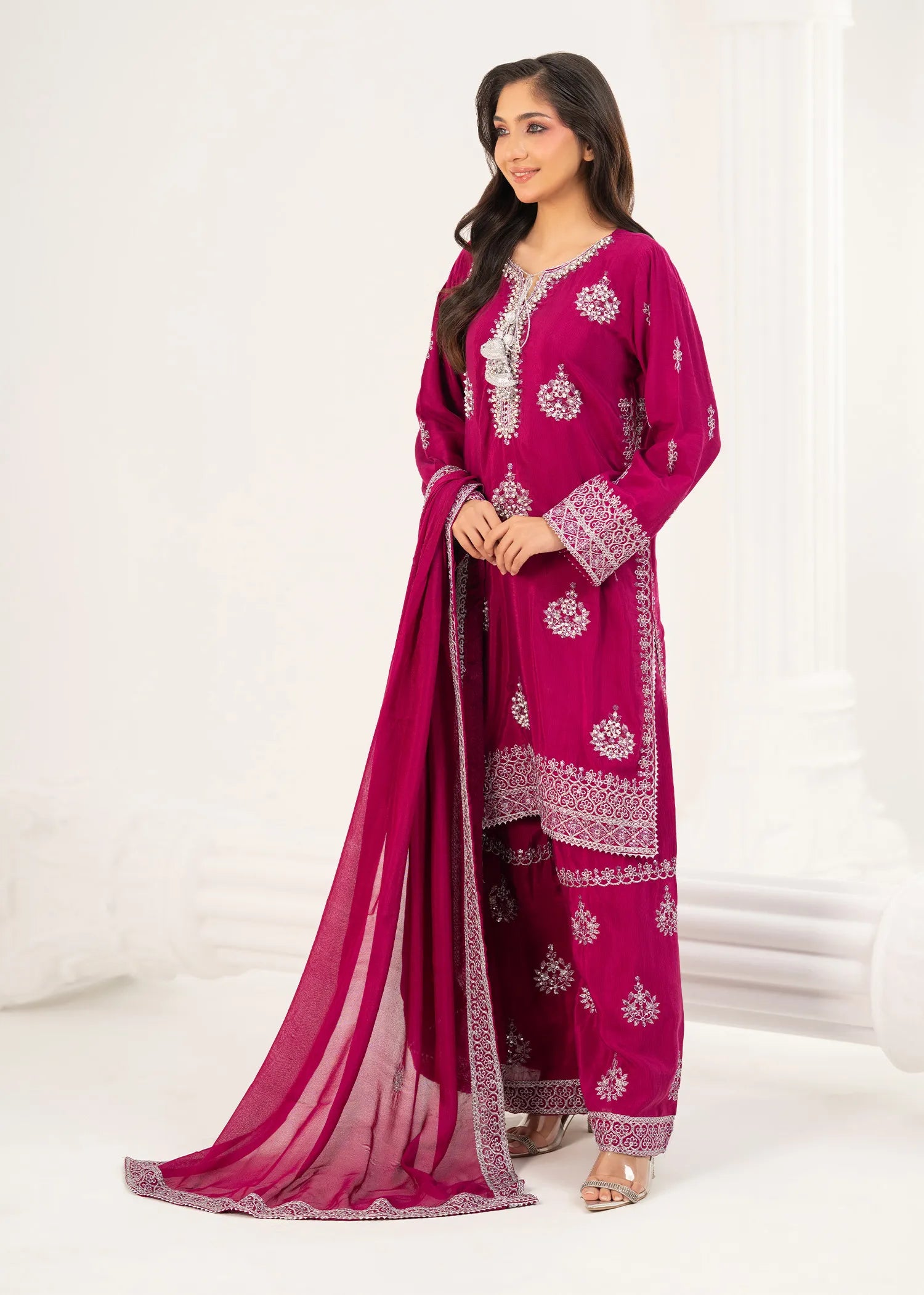 silk Kurta Set in Deep pink