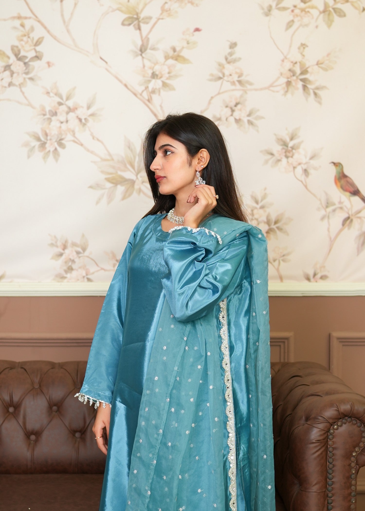 silk Kurta Set in Ocean blue