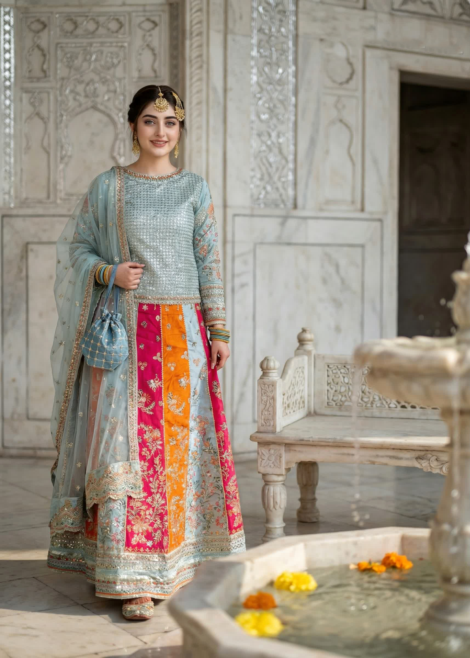 raw silk Lehenga in Ice blue, multi