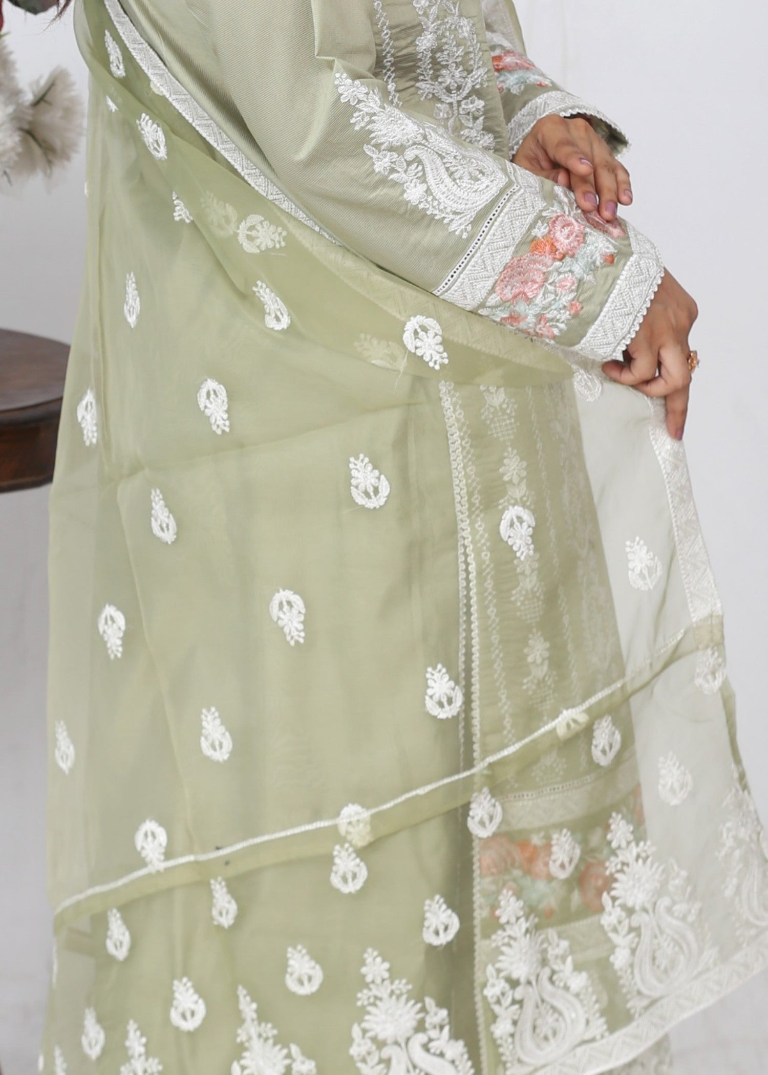 khaddi net Kurta Set in Pistachio green