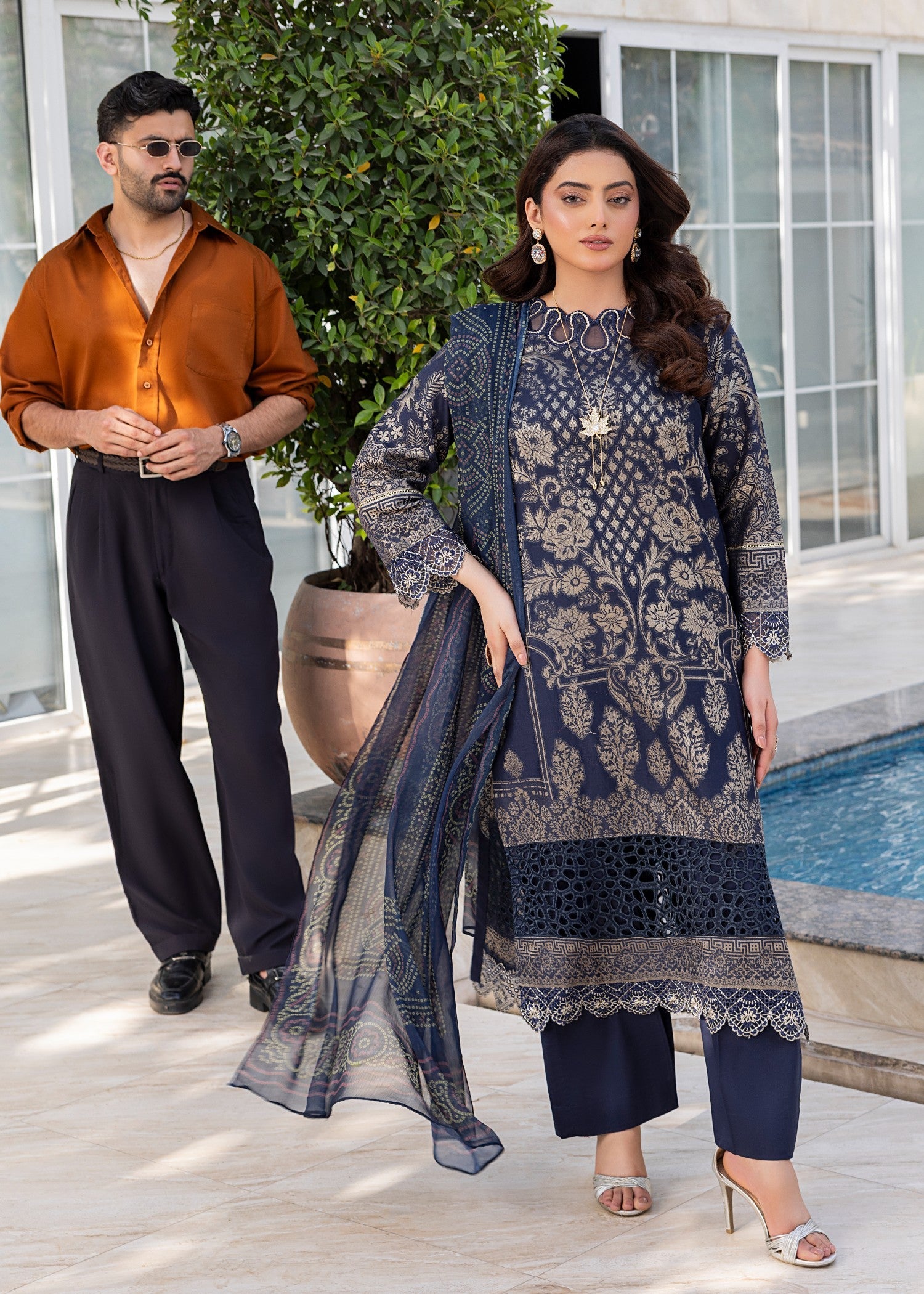 jacquard Kurta Set in Navy blue