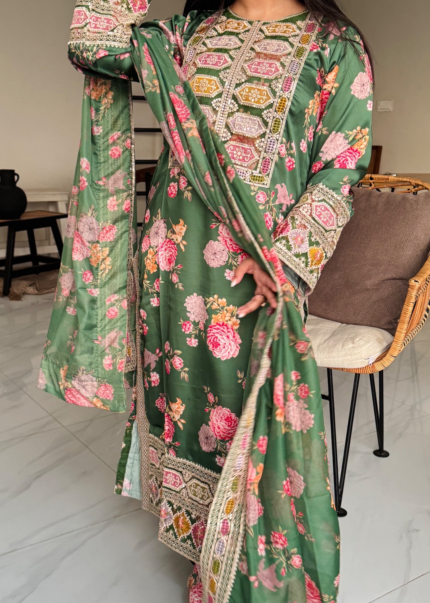 silk Kurta Set in Fern green