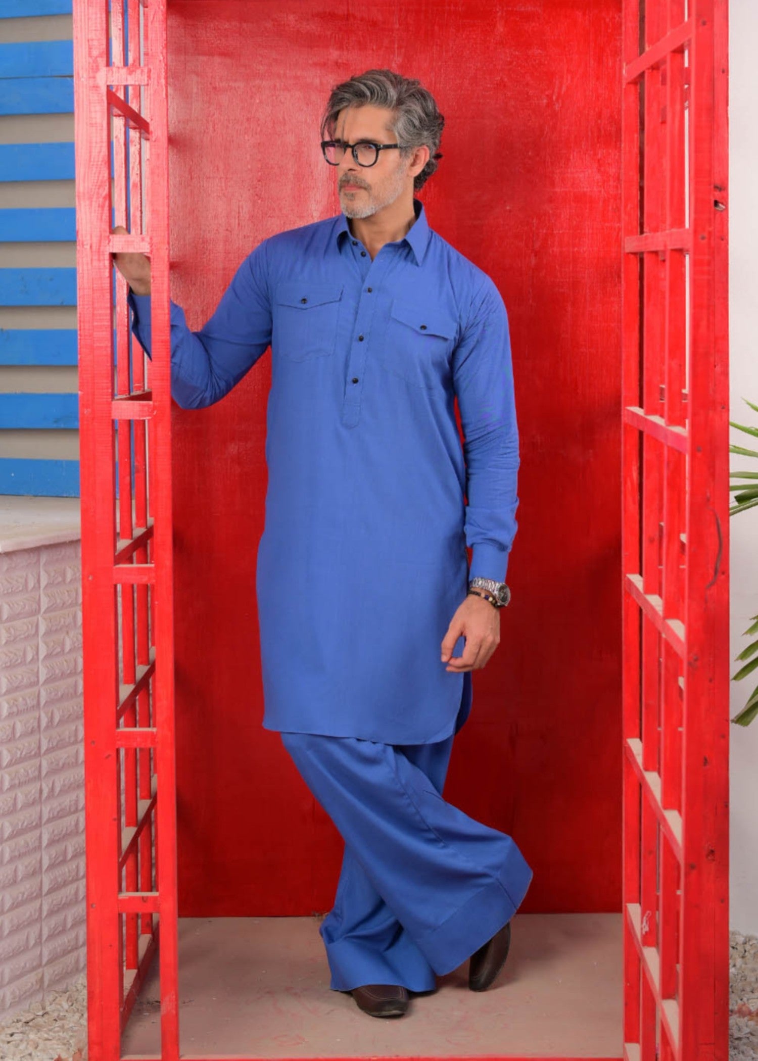 irish linen Kurta Set in Blue