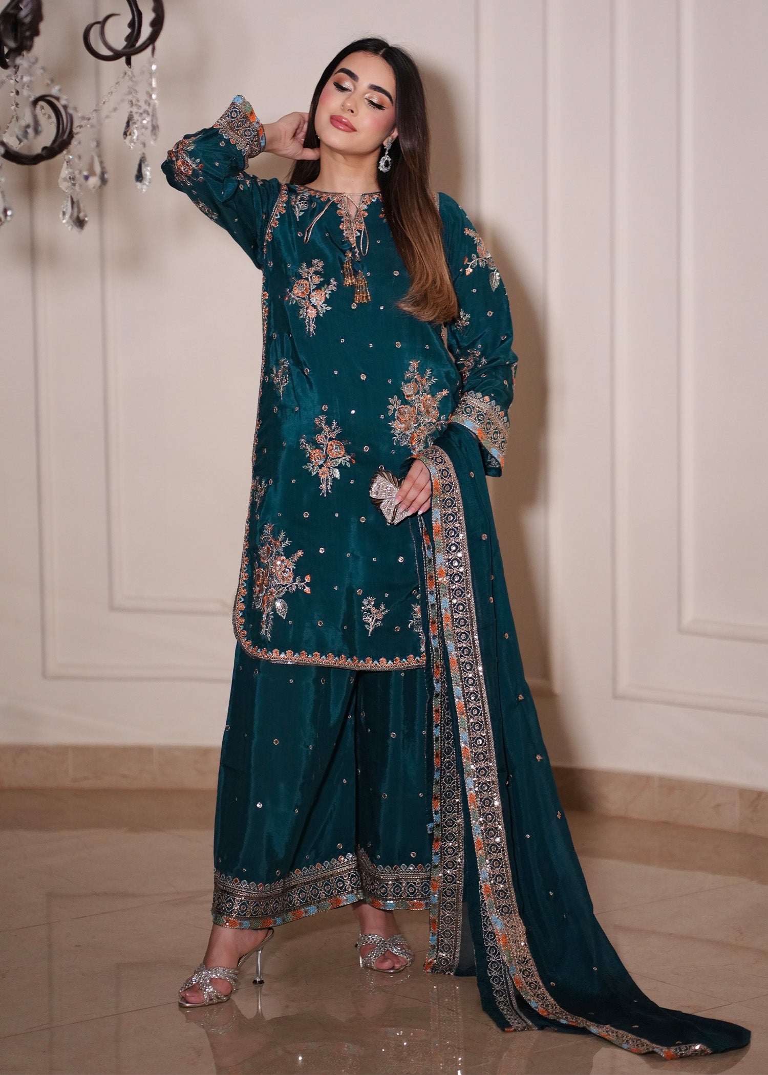 silk Kurta Set in Teal