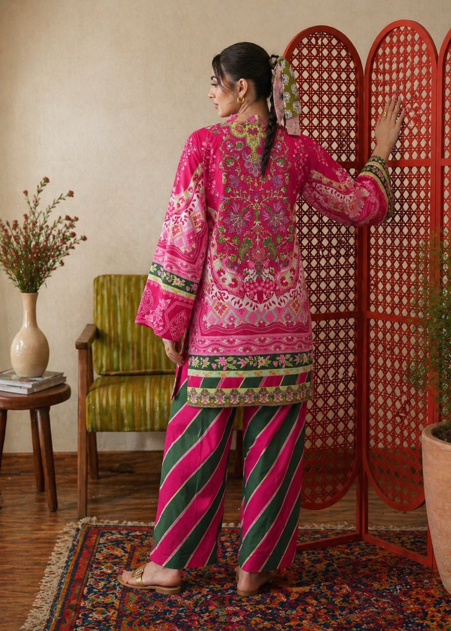 poly lawn Kurta Set in Shocking pink