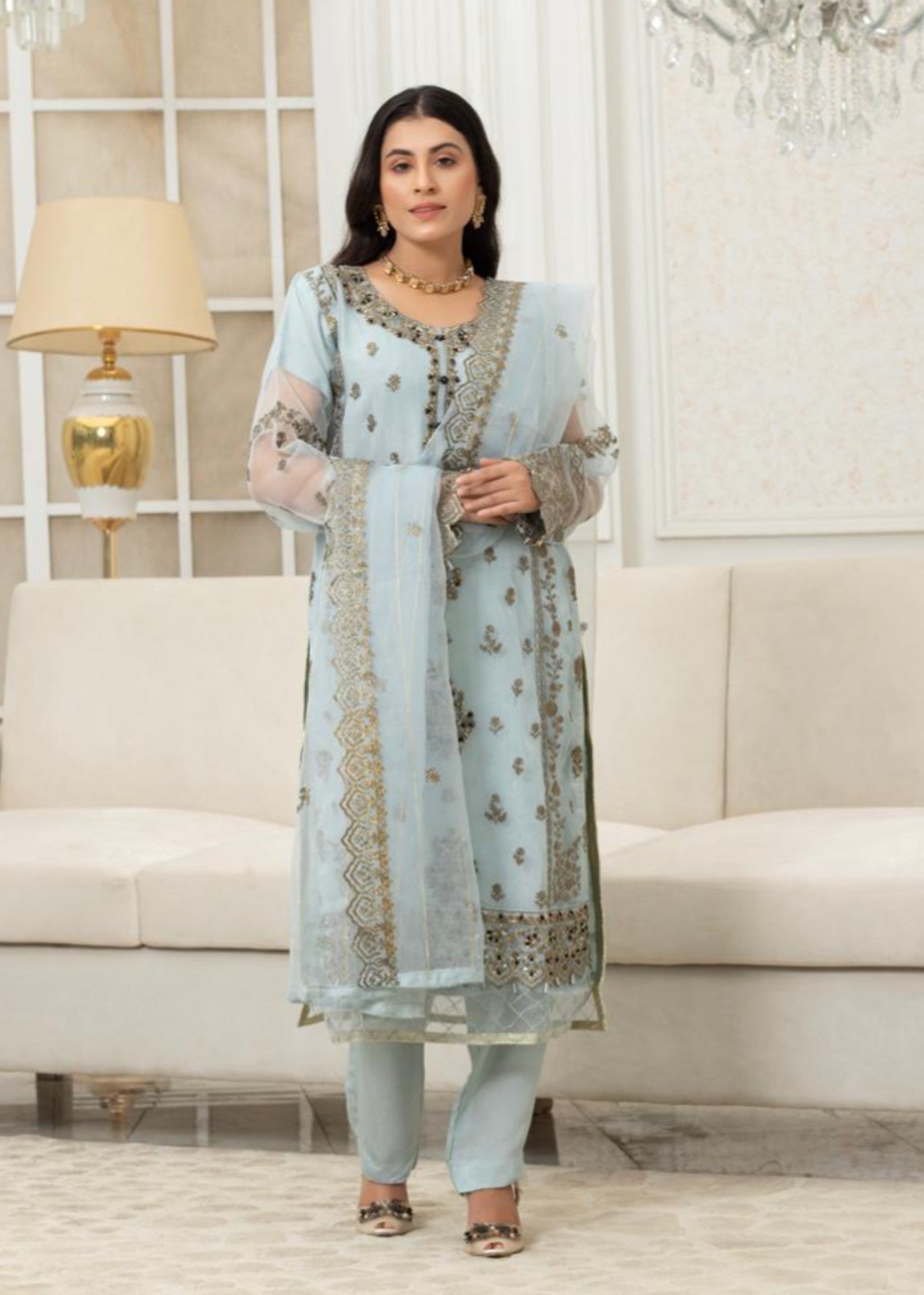 organza Kurta Set in Ice blue