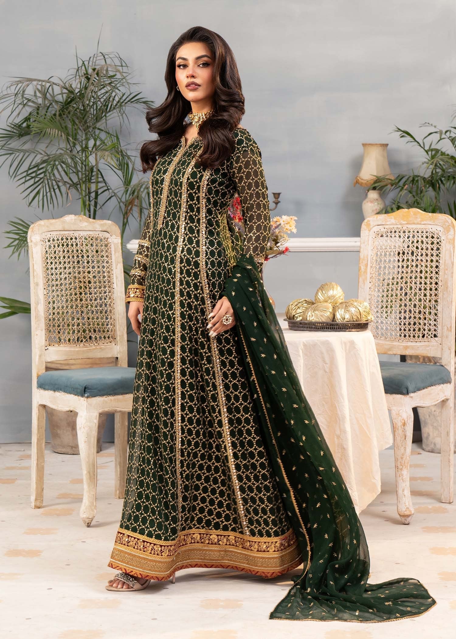 chiffon Anarkali in Bottle green