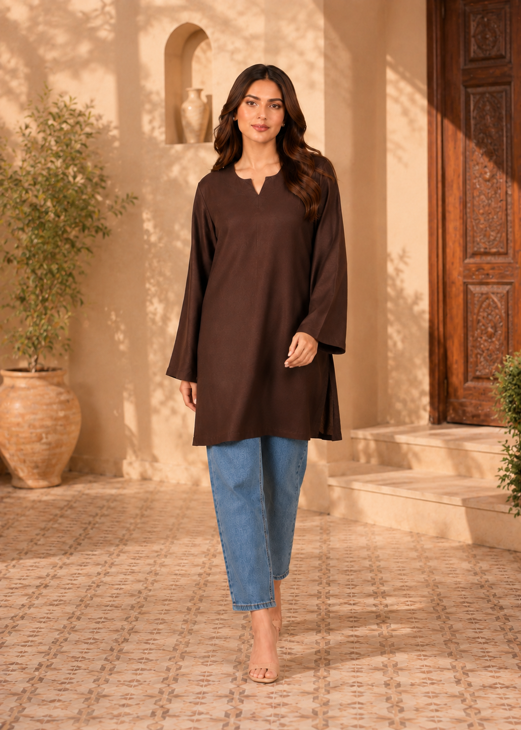 linen Kurti in Dark brown