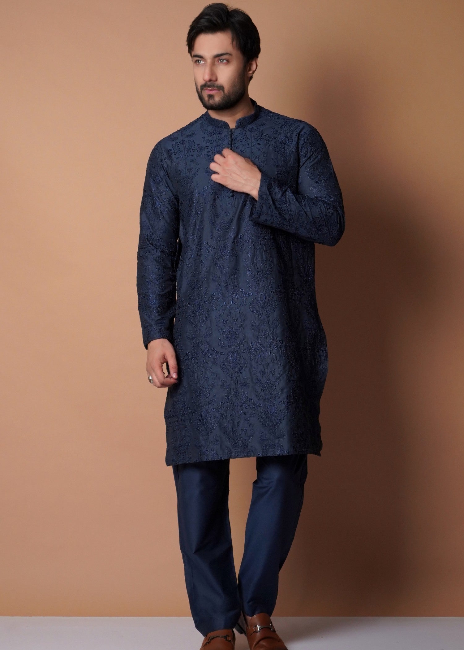 cotton silk Kurta Set in Navy blue