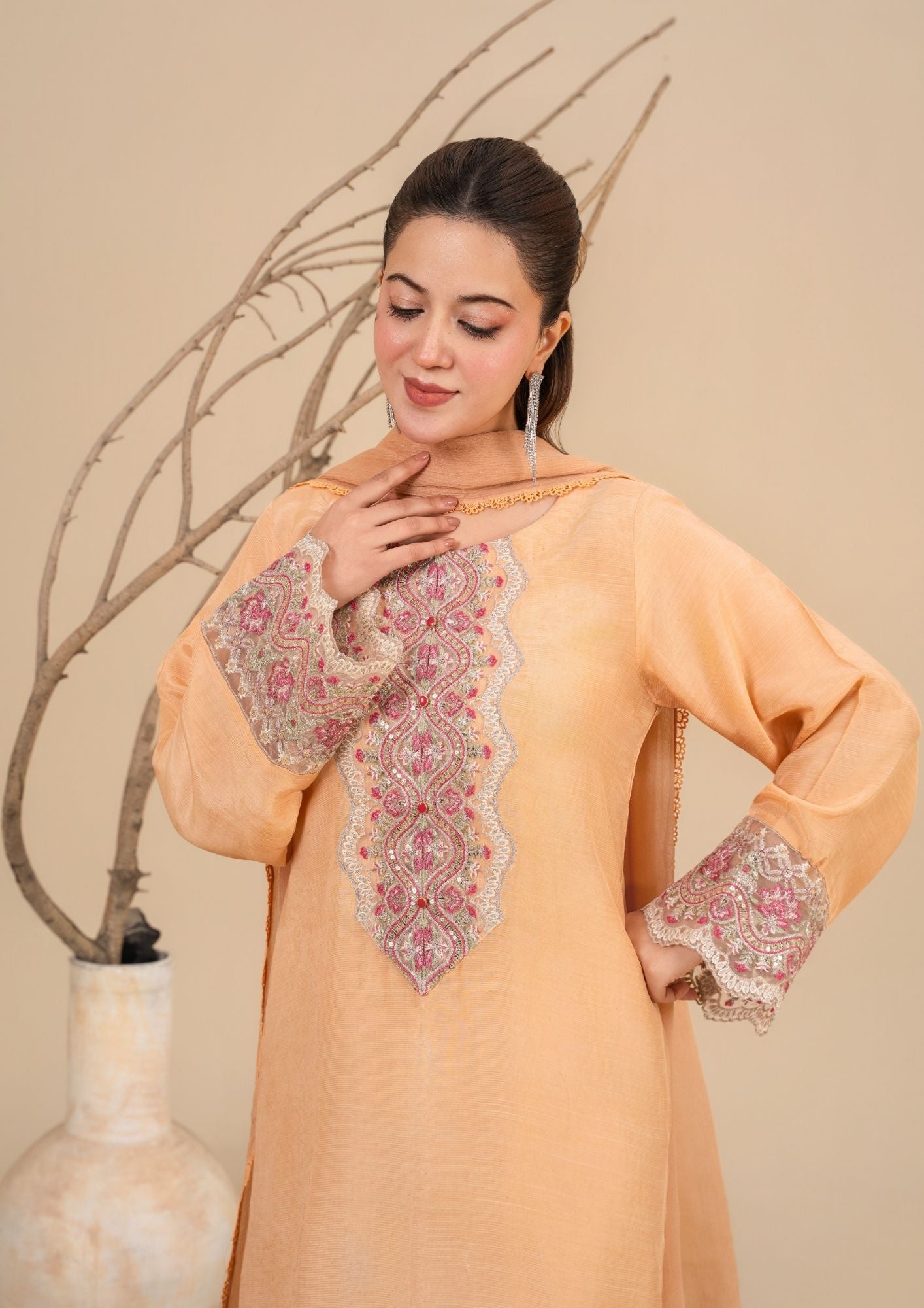 viscose raw silk Kurta Set in Peach orange