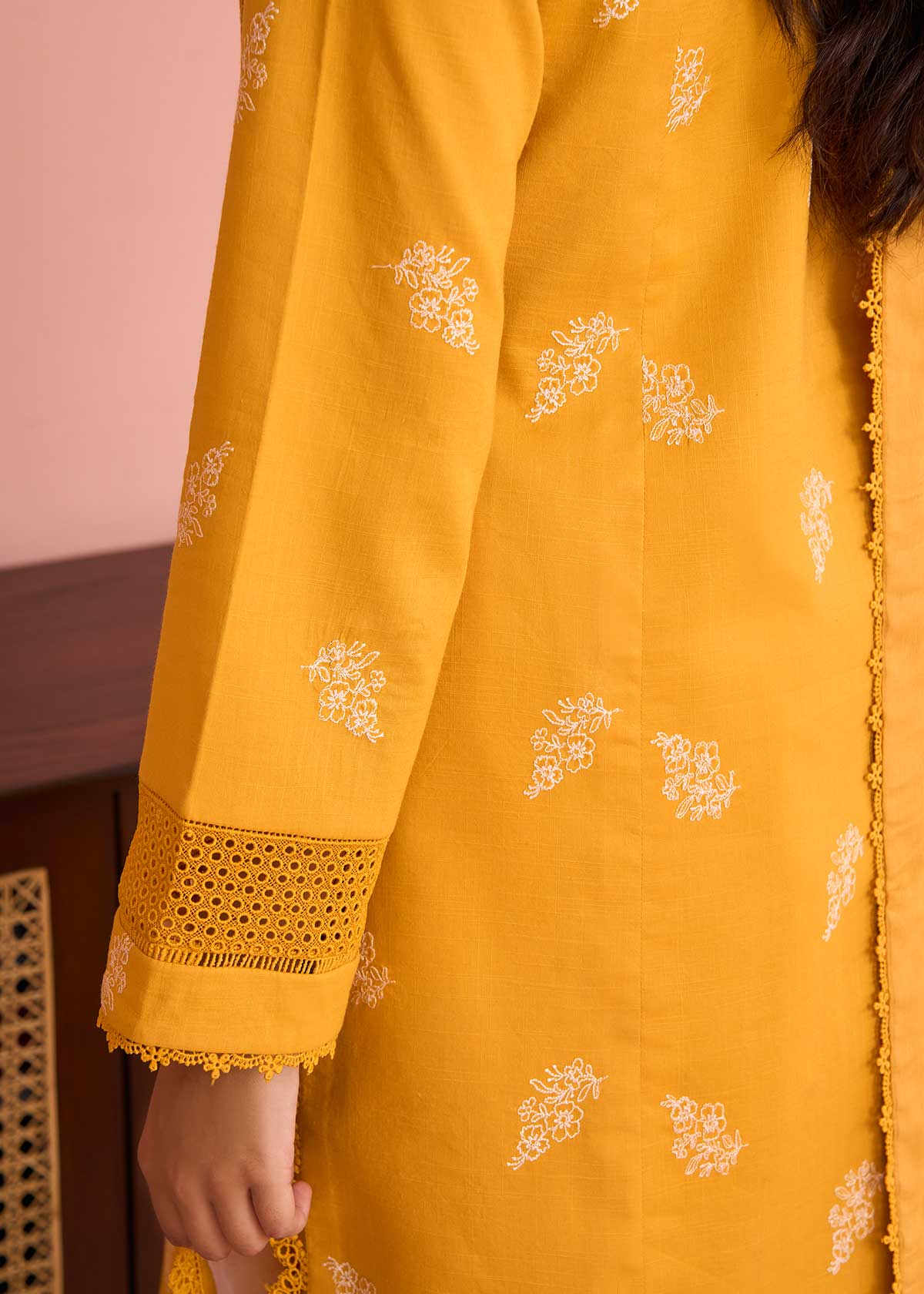 textured lawn Kurta Set in Mustard