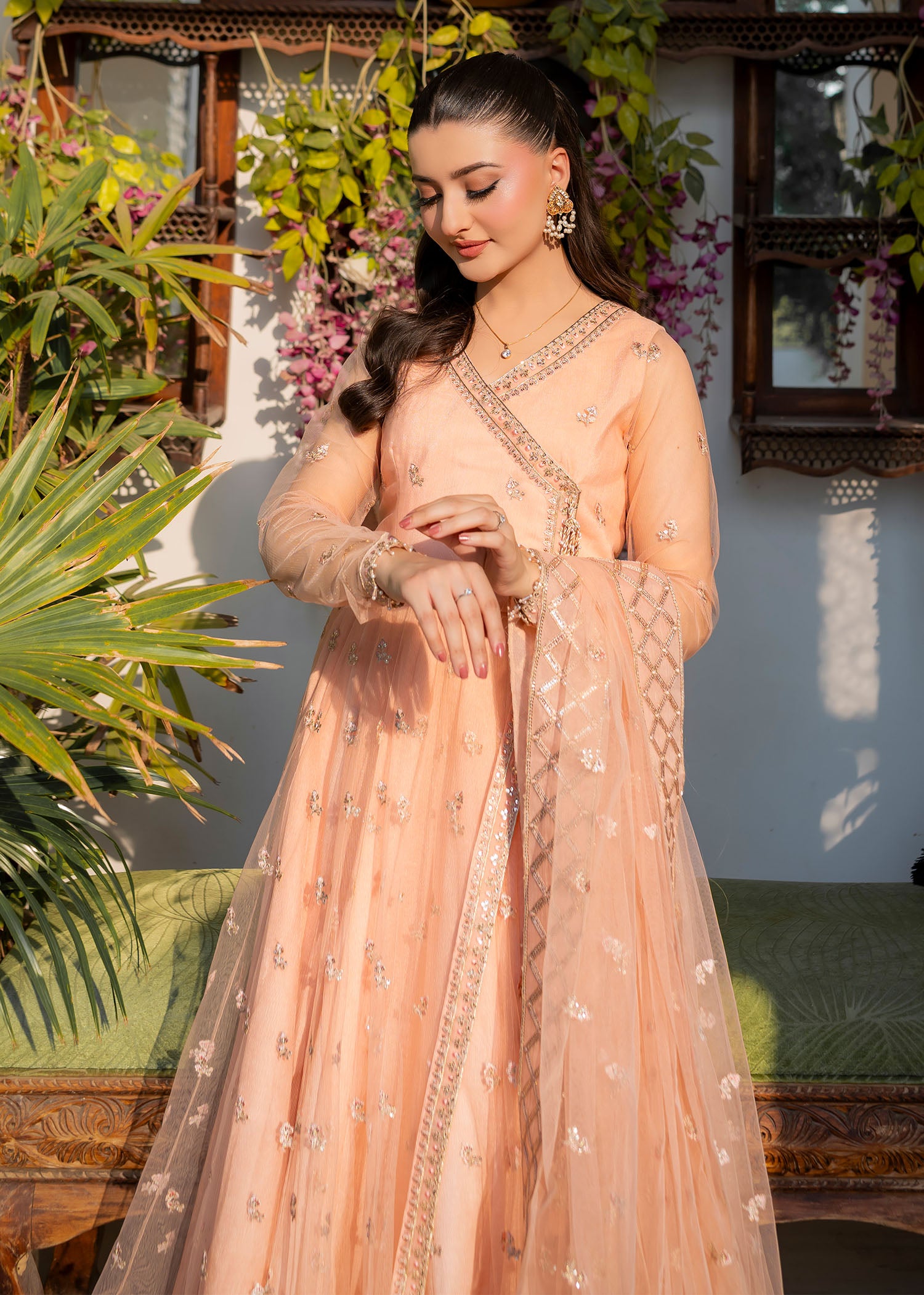 net Lehenga in Peach pink