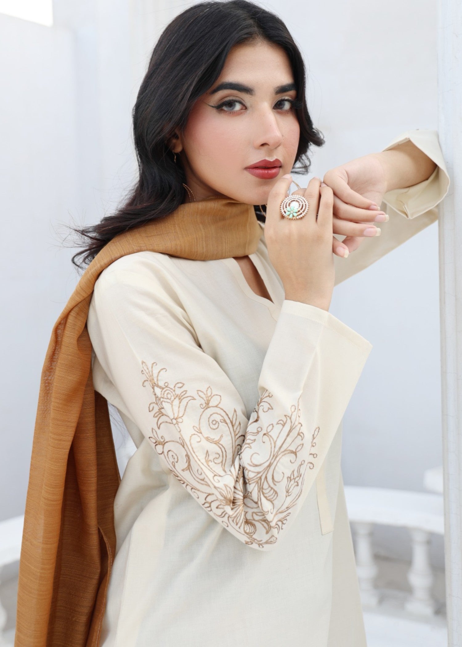 cotton Kurta Set in Off-white, caramel brown