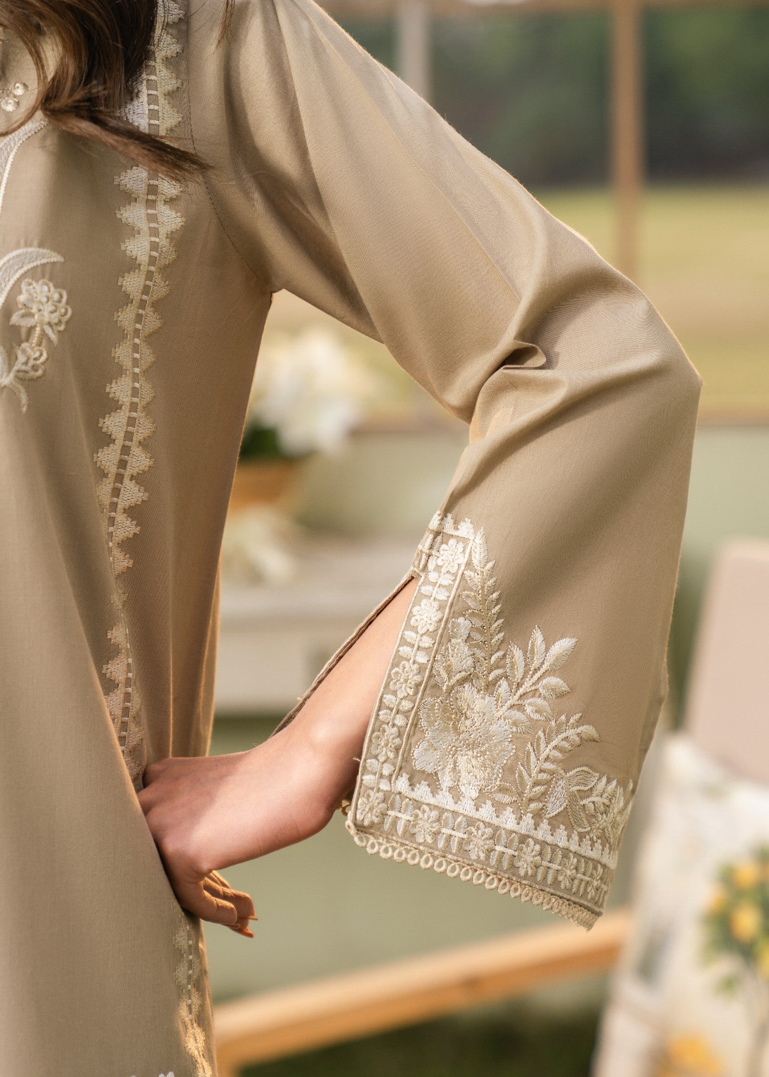 lawn Kurta Set in Khaki brown, seashell