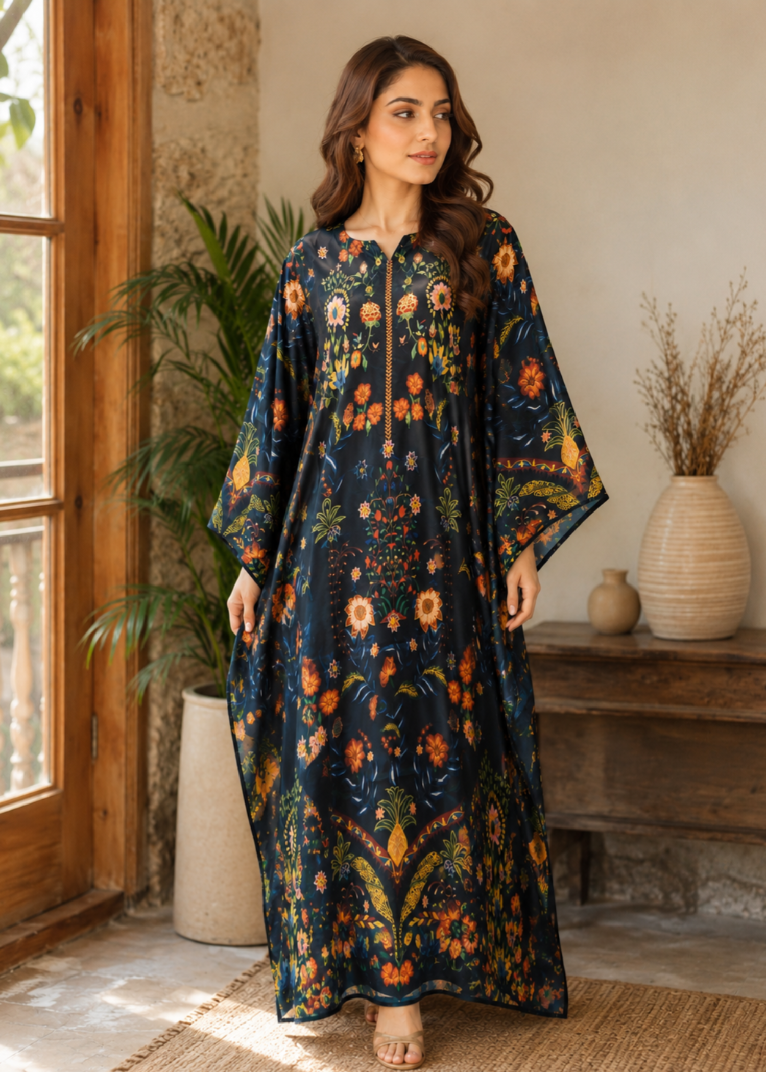 silk charmeuse Kaftan in Black