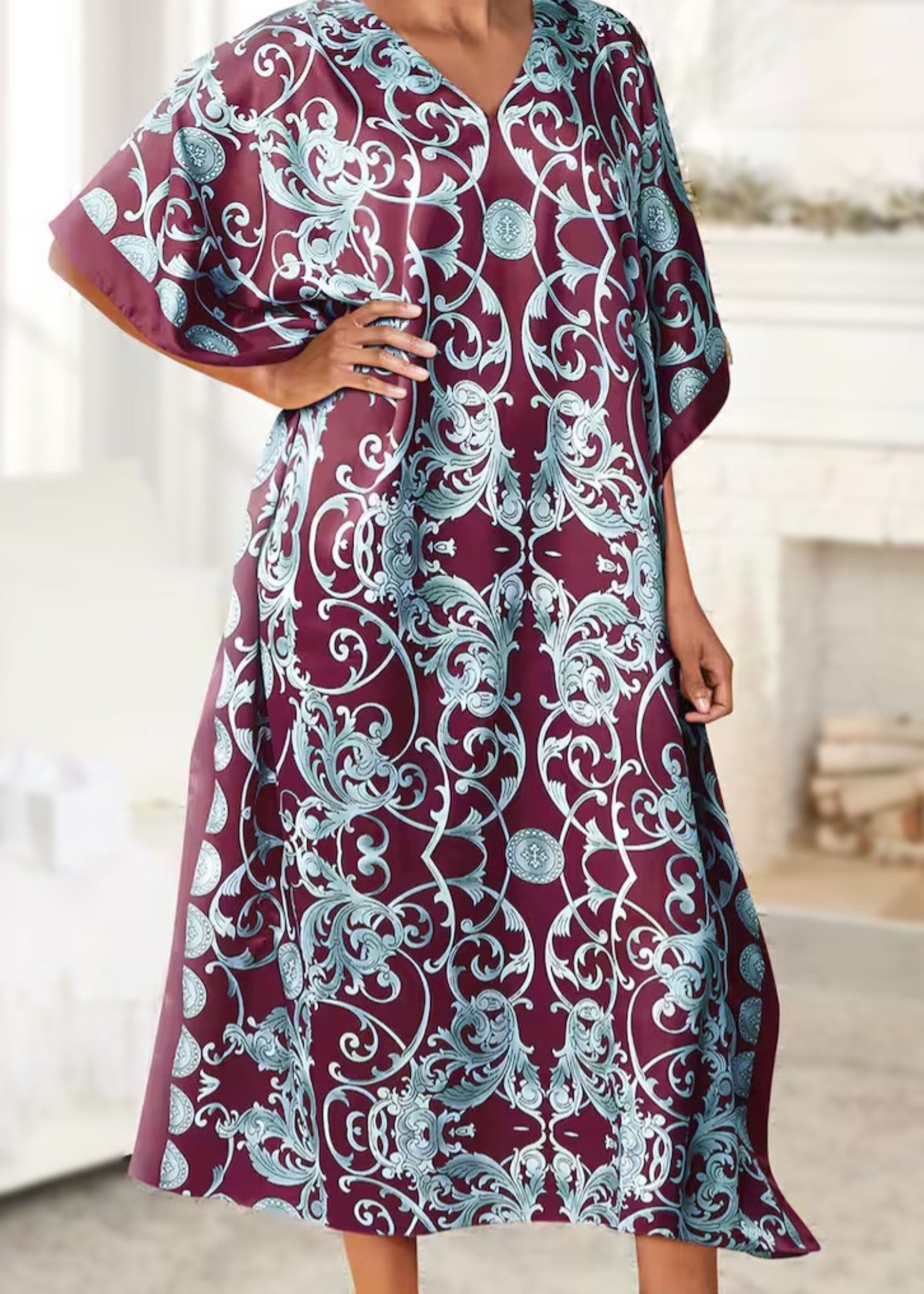 polyester kattan silk Kaftan in Burgundy