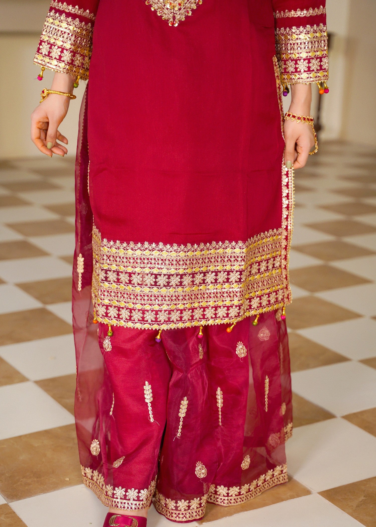 chiffon Sharara in Gold, cherry red
