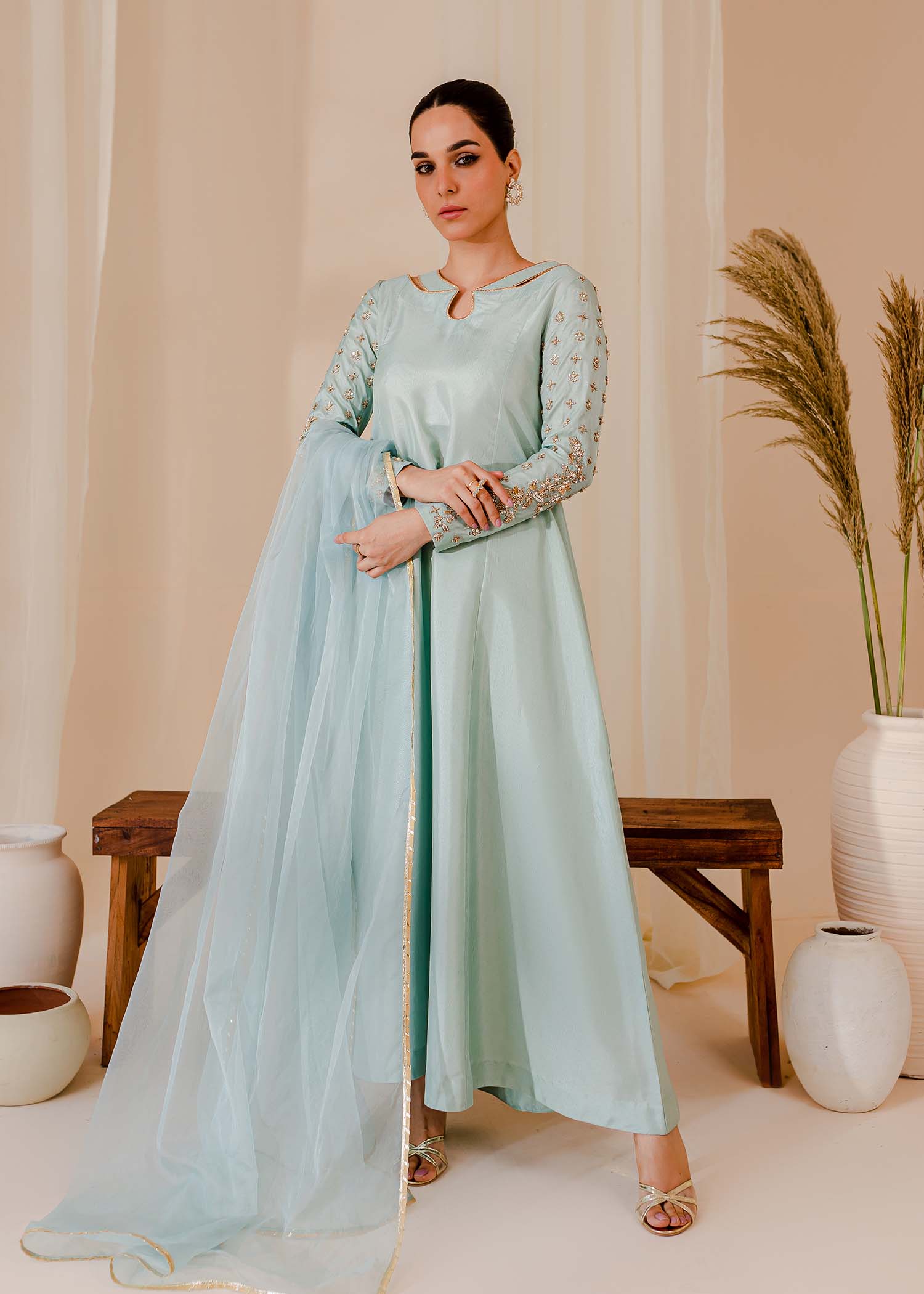 raw silk Pishwas in Ice blue