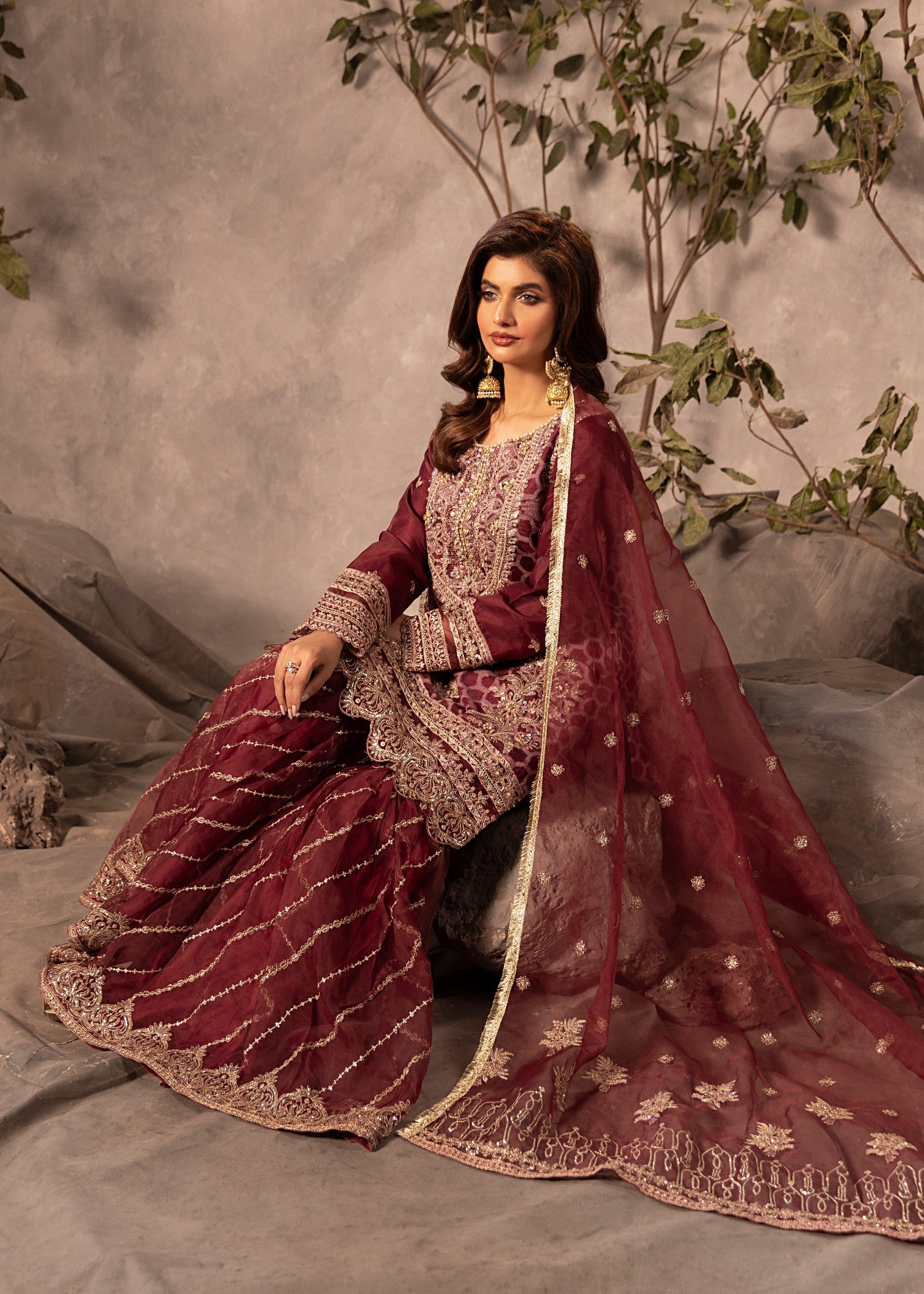 organza Gharara in Maroon