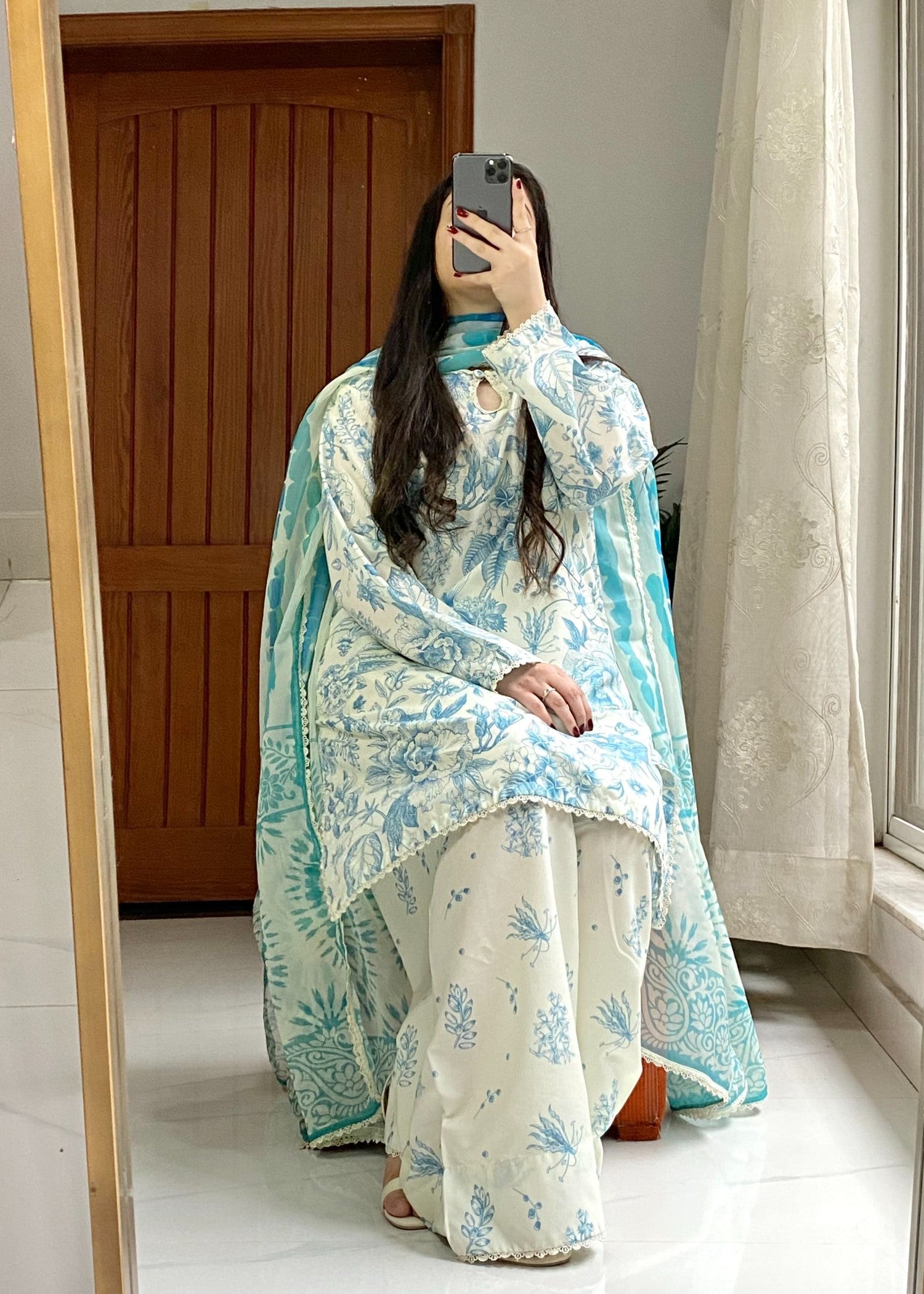 poly lawn Kurta Set in Blue, white