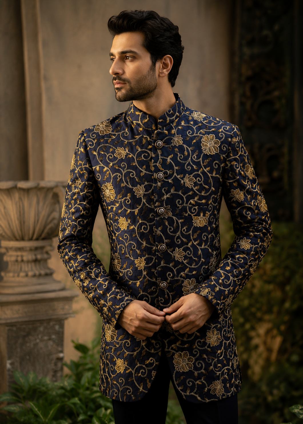 raw silk Prince Coat in Navy blue