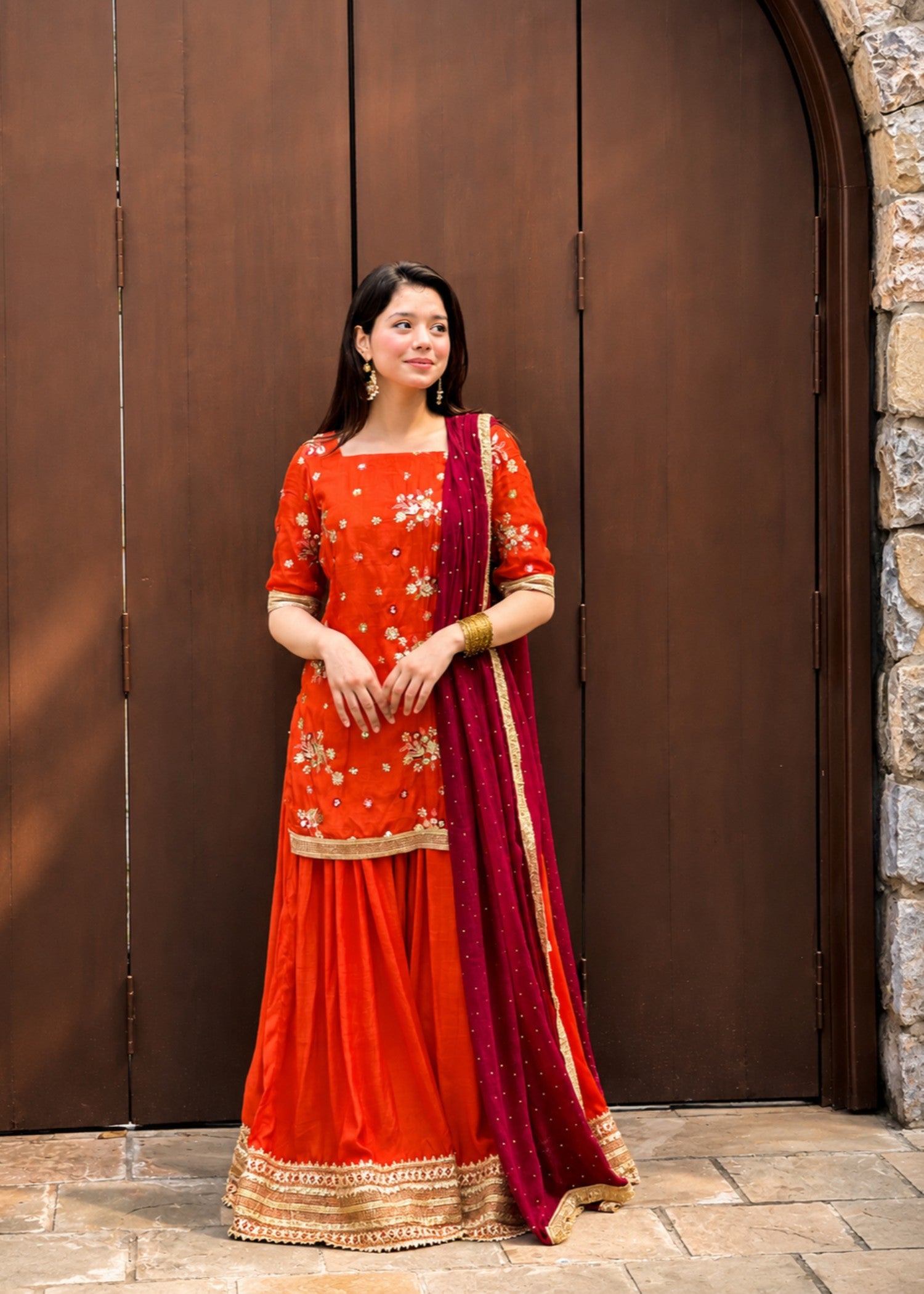 raw silk Sharara in Burnt orange