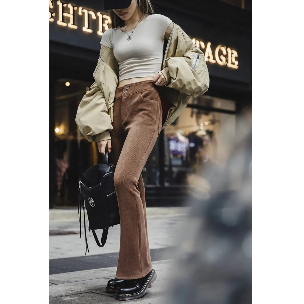 Women's Autumn Winter Vintage Split Elastic Flare Corduroy Pants