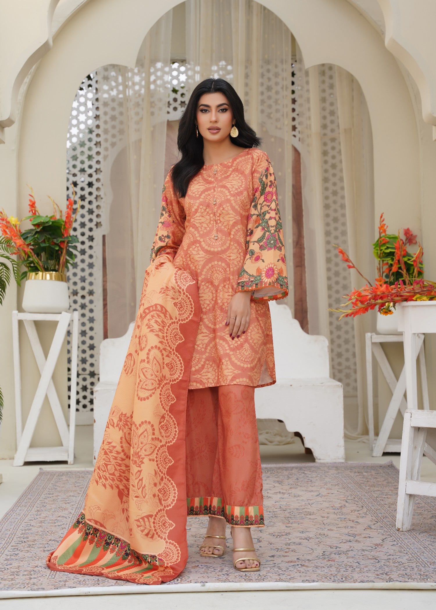 raw silk Kurta Set in Desert orange