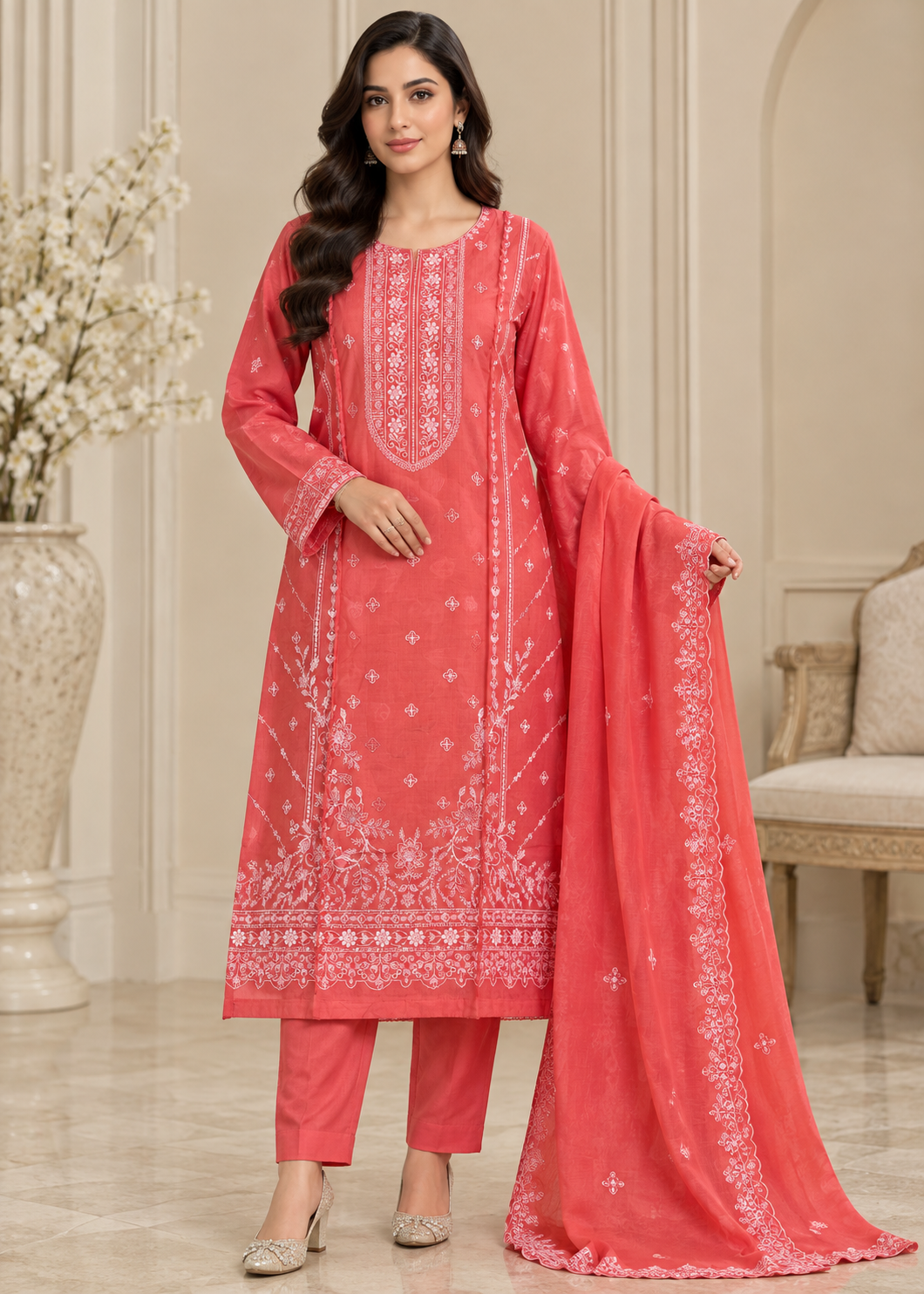 lawn cotton Kurta Set in Coral pink